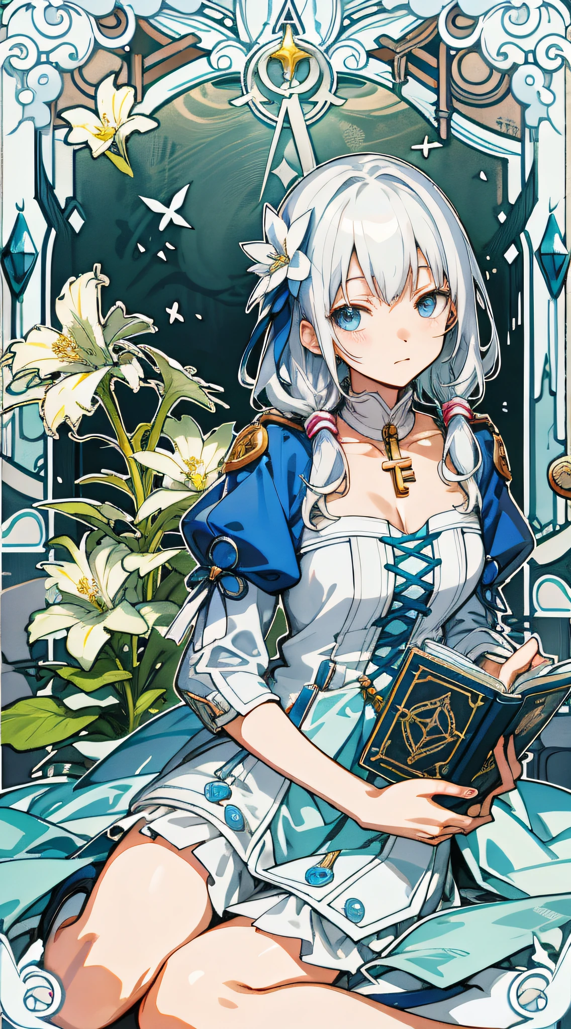 Official anime art, Clear cosplayer portrait, High detail alchemist girl, White-haired god, light novel cover art, Detailed key anime art,official character art