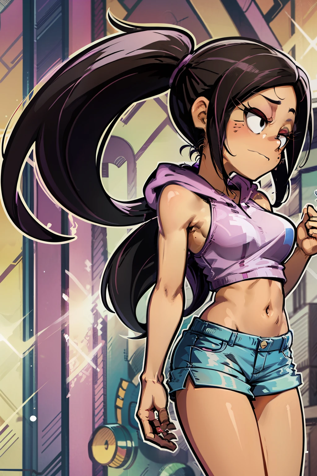 Ronnie Anne, purple hoodie, shorts, black eyes, ponytail, tanned skin, full body, (same character front, back, side view) cartoon-anime, bare arms, bare shoulders