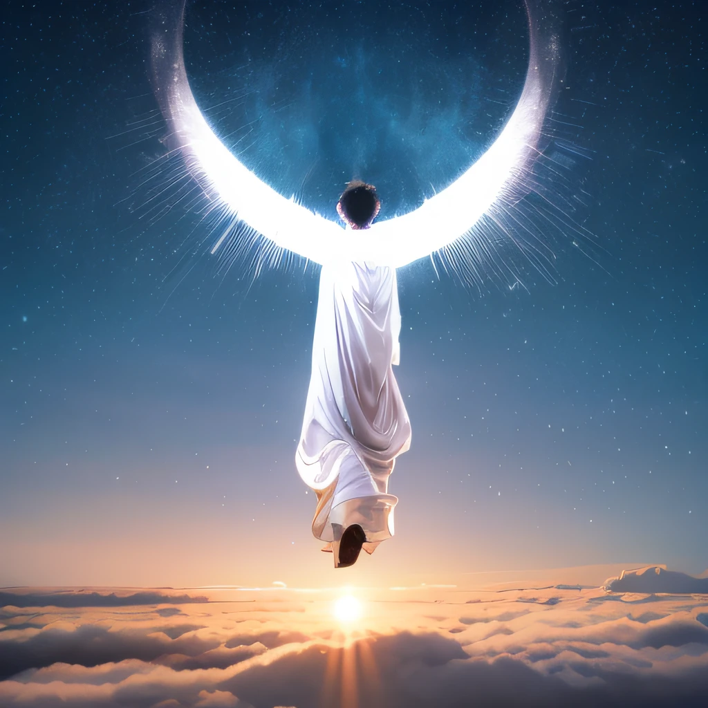 Man in white bathrobe flying through the air with a halo, Ethereal Angelic Being of Light, male ascending to heaven, ser angelical brilhante, descending from the heavens, angelic halo, Viagem Astral, glowing halo above his head, mystical energy in the air, transcendendo para um plano superior, halo de anjo, ascension, astral ethereal