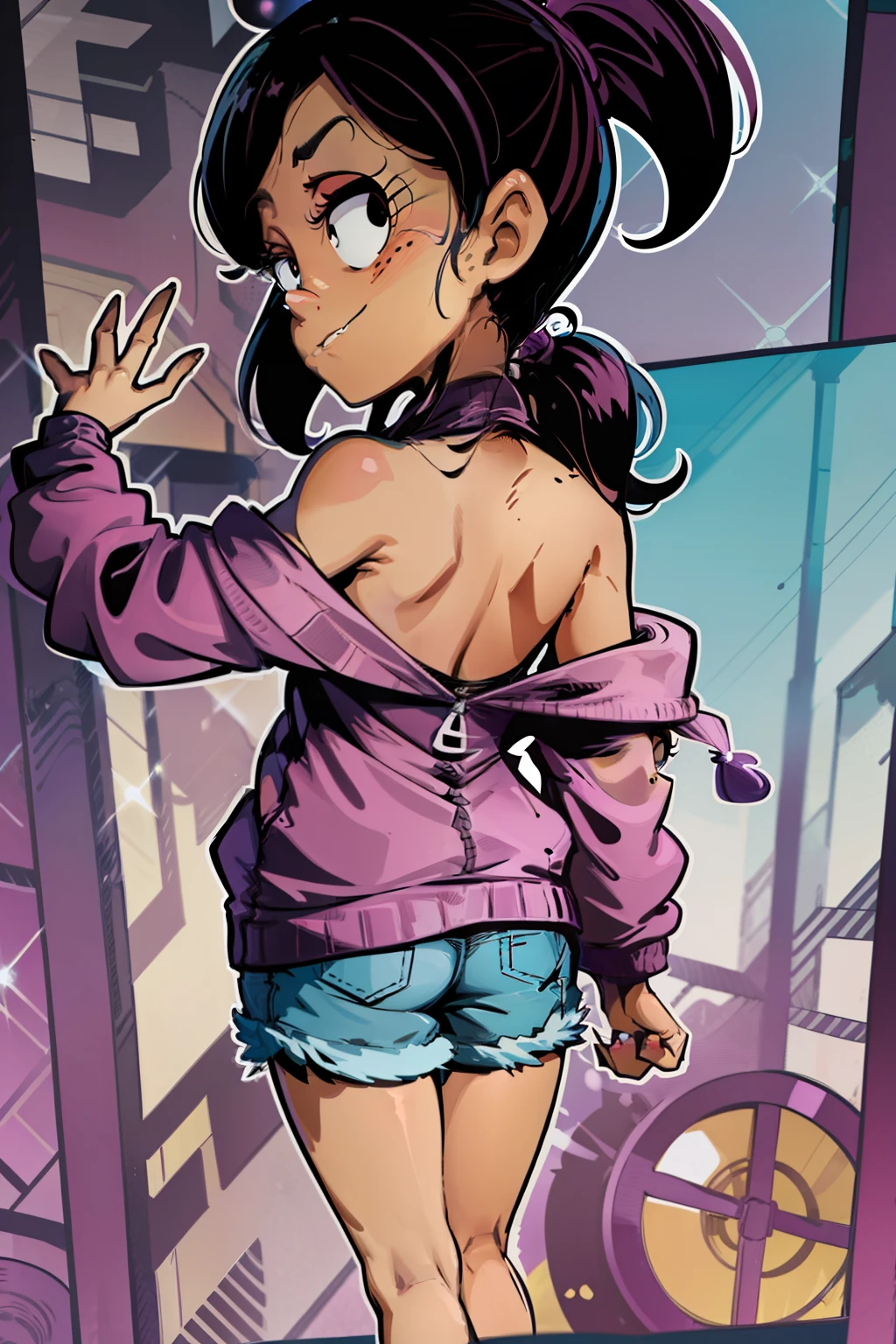 Ronnie Anne, purple hoodie, shorts, black eyes, ponytail, tanned skin, full body, (same character front, back, side view) cartoon-anime, bare arms, bare shoulders