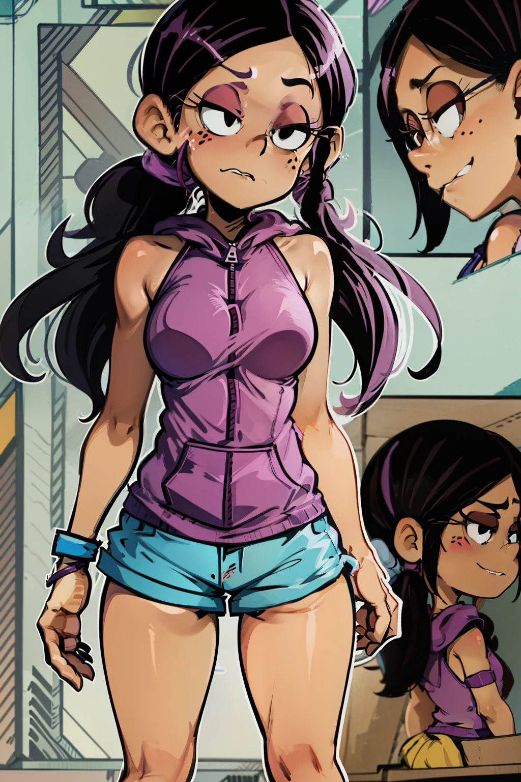 Ronnie Anne, purple hoodie, shorts, black eyes, ponytail, tanned skin, full body, (same character front, back, side view) cartoon-anime, bare arms, bare shoulders