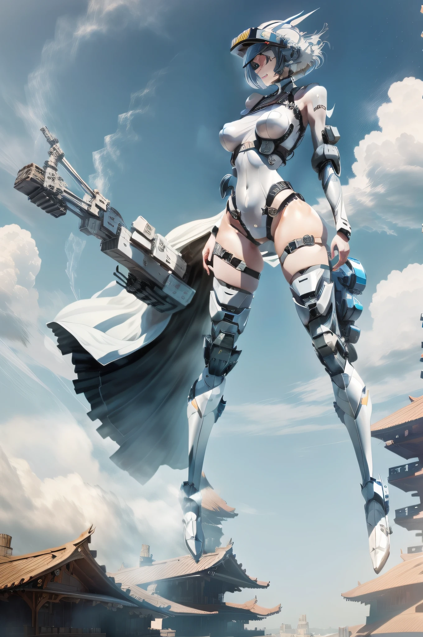 Black stockings, long legs, bursting breasts, giant buttocks, panorama, blue sky and white clouds, full body, white transparent clothing, mecha helmet