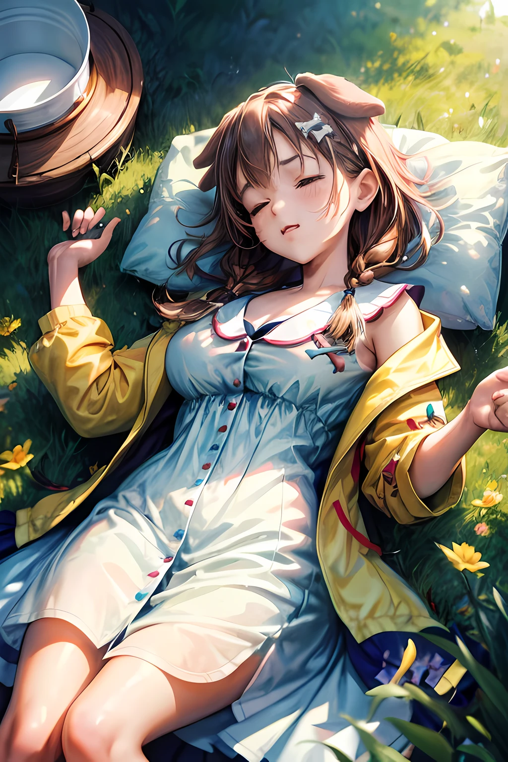 ((masterpiece)),(best quality,best illustration,top quality,8k,gorgeous,majestic),professional light,cinematic light,waterpaint,illustration,paint,1girl,cute girl sleeping on the grass,cute face,yellow jacket,white dress,brown hair,dog hair pin,medium boobs,park,sunny,high sharpness,high res