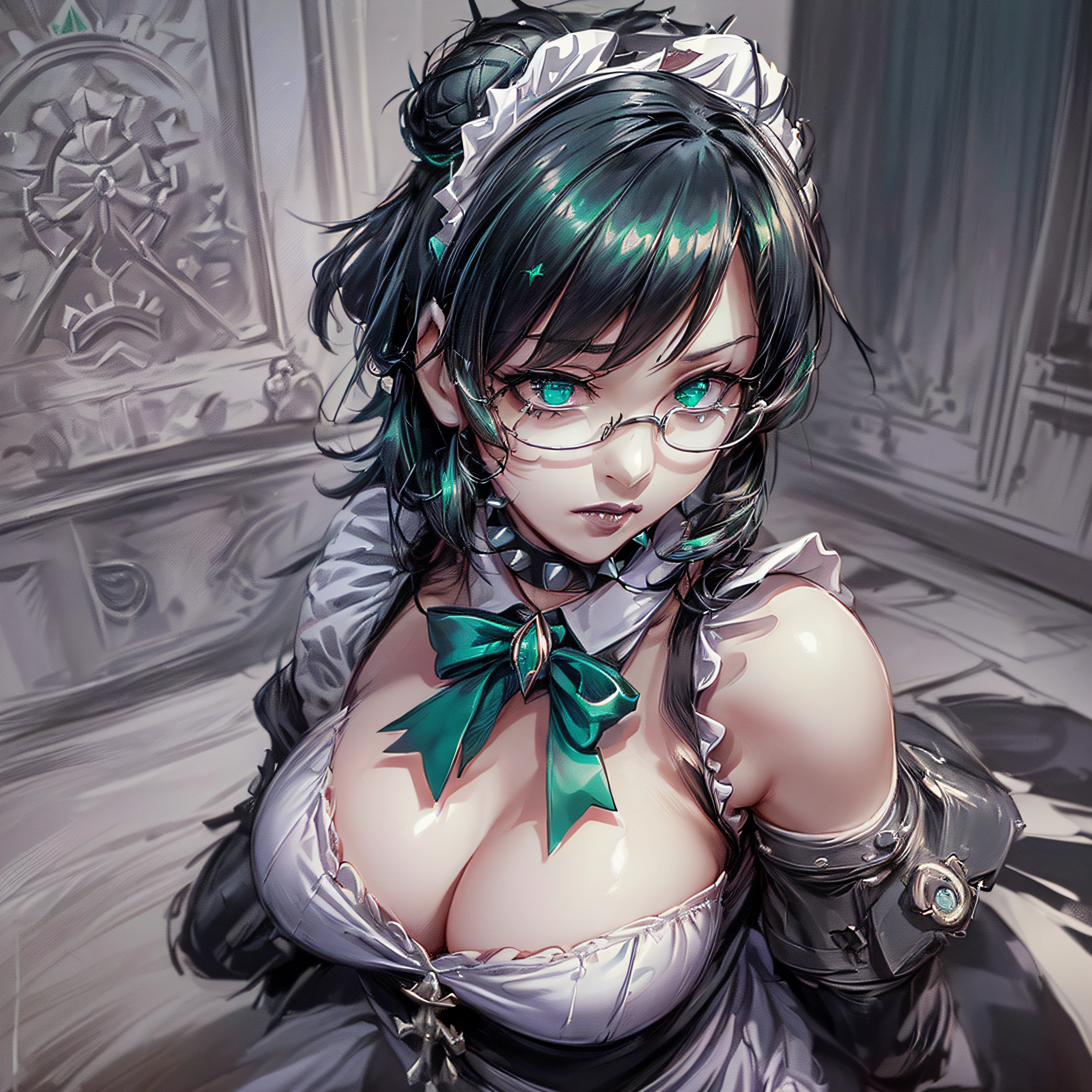 (1girl, yuri alpha:1.0), (anime overlord:2.0), (solo:1.4), (maid dress), (low-key), (64k, UHD, Raw photo, highes, Best Quality, mastepiece:2.0), (Ultra-fine depiction of details:3.0), (a serious, loyal, hard-working maid head, the vice-captain of the "Pleiades Six Stars", the battle maid squad of the Great Tomb of Nazarick), (she is a ((battle maid)), which means she is not only a maid but also a fighter who is specialized in close combat, {a master of martial arts} to expel enemies that invade the Great Tomb of Nazarick), (a beautiful, slender, woman with an intelligent look:1.5), (black hair1.6), (elegant, vivid blue bowtie, ribbon:1.3), (green wristband), (She is equipped with a pair of spiked gauntlets:1.9), (The gauntlets are highly elaborately designed, dark emerald green:1.9), (perfect face, perfect body, perfect figure, pink lips, slight blush), (flawless, silky, shiny, white skin:1.2), (cool, intellectual glasses), (slightly glowing blue eyes:1.3), (shiny sleek long hair, single hair bun, single braid bun, double bun), (silky, high-quality, majestic, gothic, ((low-key)), simple, maid dress:1.9), (vivid blue gothic style choker:1.3), (pure white maid apron:1.6), (gigantic breasts:1.3), (sexy cleavage:1.1), inhouse, studying the orders issued by the master of [the Great Tomb of Nazarick, Ainz Ooal Gown], the room is filled with solemn atmosphere, ((long shot, full body shot:2.0)), (highly sophisticated professional HDR, with effective ambient occlusion, perfectly optimized and effective spot light and front light:1.7),