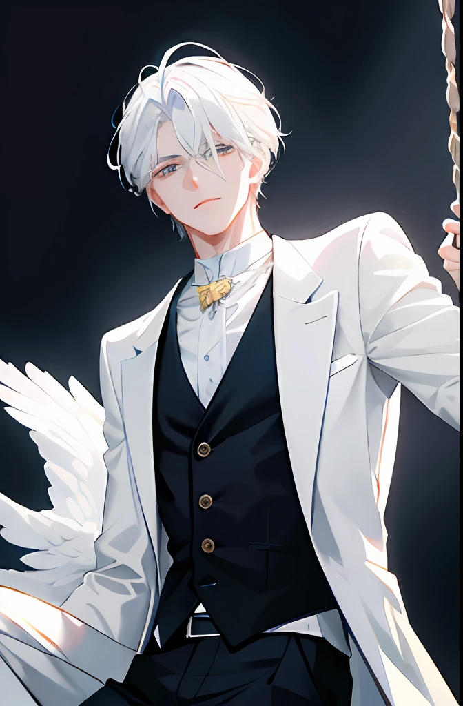 Boy handsome white hair, side face, fair skin, sitting in high position, swinging hand, gently holding the swing of the rope, eyes half-closed, long eyelashes, fantastic background music style，Wear a white feathered coat，Get the best picture quality masterpiece upper body