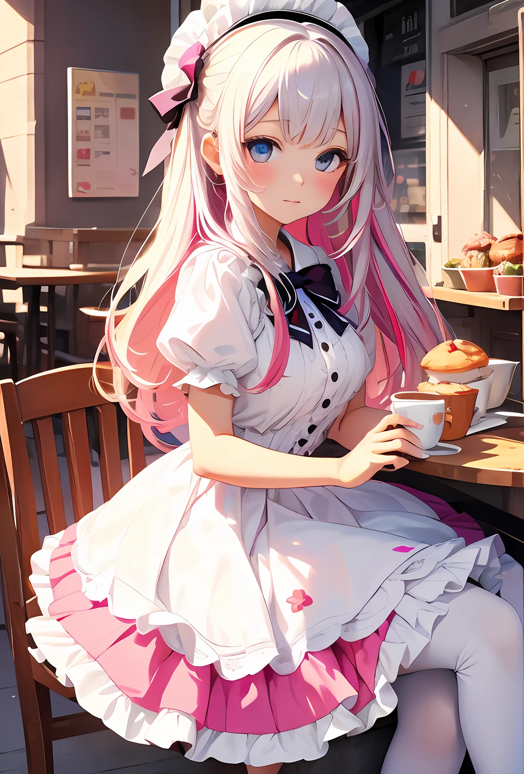 best qualityer，tmasterpiece，Ultimate resolution，downy，Extremely colorful，Colorful，Big high school girl，ta long dress， white stockings，Muffin shoes，Cafe background，closeup of face