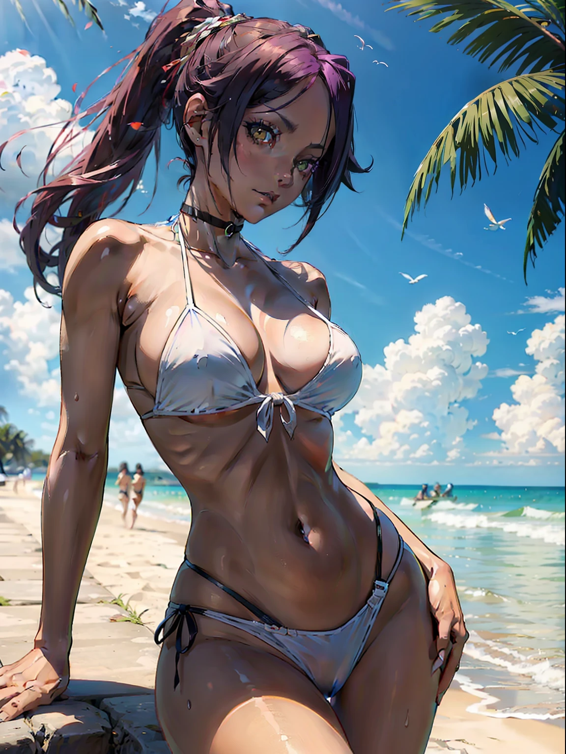 pechos grandes, culo, (wearing a tastefully tiny thong bikini that accentuates her curves:1.2), (Un top de bikini apenas cubierto que proporciona la cobertura suficiente:1.1), Bikini bajandose, perfecto, Cara de yoruichi, yoruichi, ((La mejor calidad)), ((Altamente detallado)), obra maestra, Cara detallada, Cara hermosa, shihouin yoruichi, Bikini blanco, una sola chica