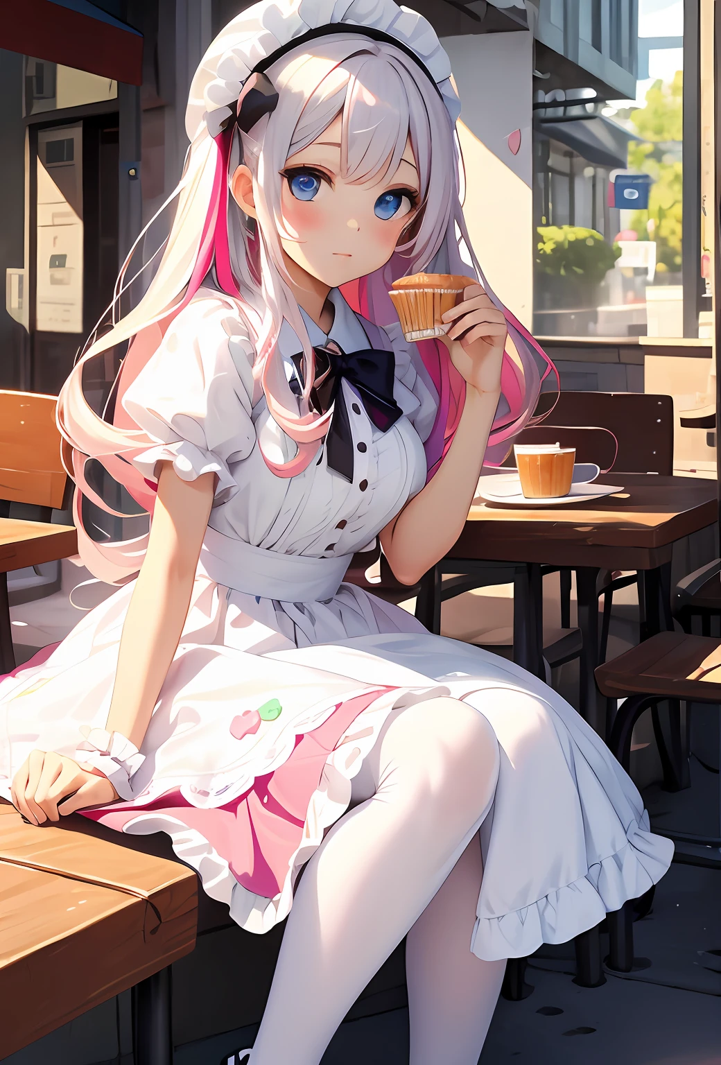 best qualityer,tmasterpiece,Ultimate resolution,downy,Extremely colorful,Colorful,Big high school girl,ta long dress, white stockings,Muffin shoes,Cafe background,closeup of face
