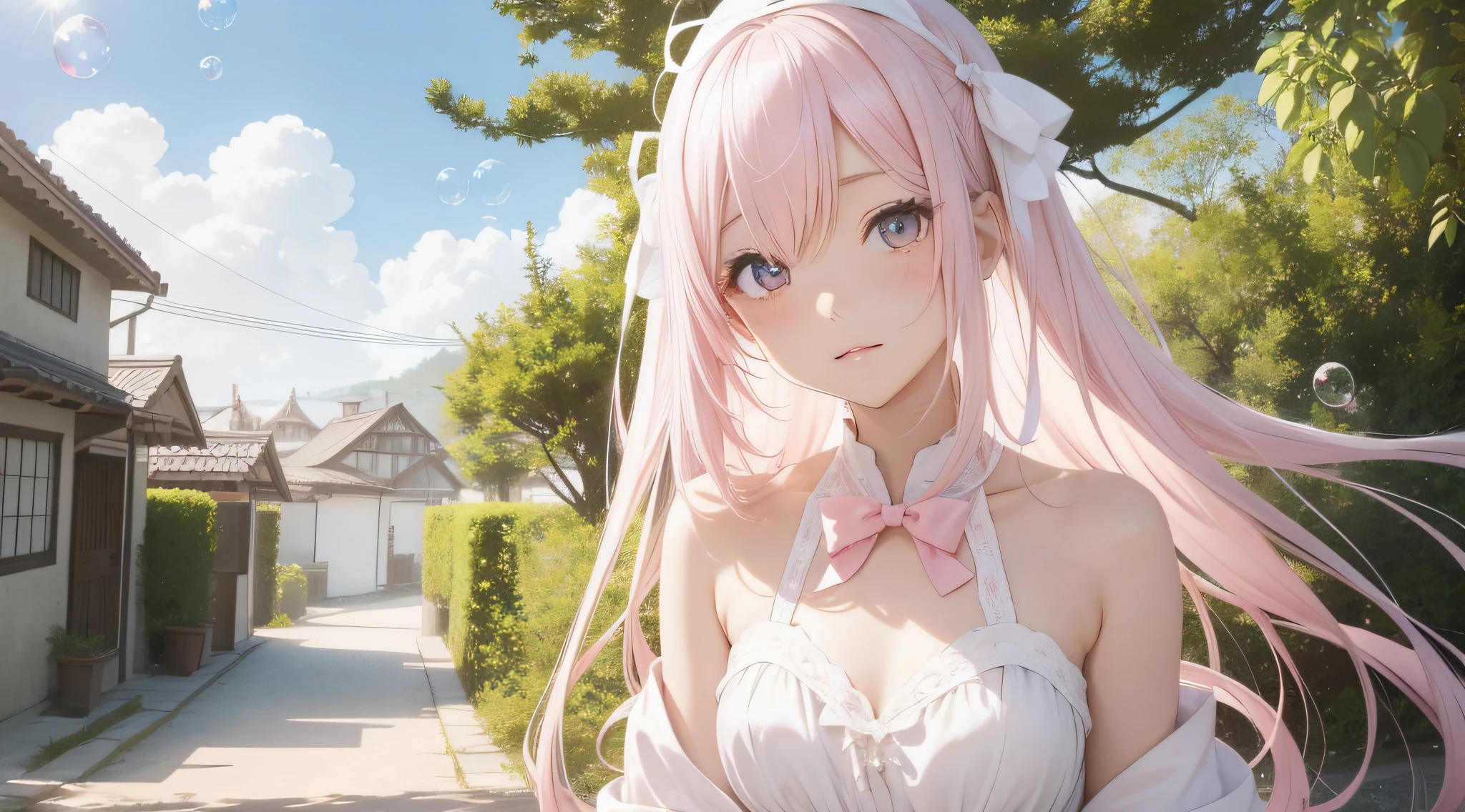 Light pink hair girl,white skinned,Long hair,Overlooking,The upper part of the body,Need,tmasterpiece,夏天,Sunny outside,There are bubbles around,Wear a bow on your head,The eyes are pink,Bandeau