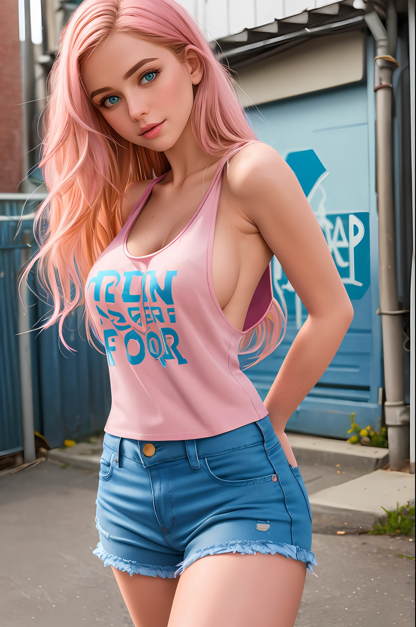 (best quality:1.2), (extremely detailed:1.2), (extremely detailed face), (photorealistic:1.2), (ultra detailed), dim lighting, 8k, 1girl, (full body shot:1.2), large breast:1.1, fit and petite body, long hair hair, blonde hair, blue pupils, (tight pink tank top:1.2), short shirt, short blue jeans, white shoes, , (sideboob:1.5), stand seductively, in the alley, city,