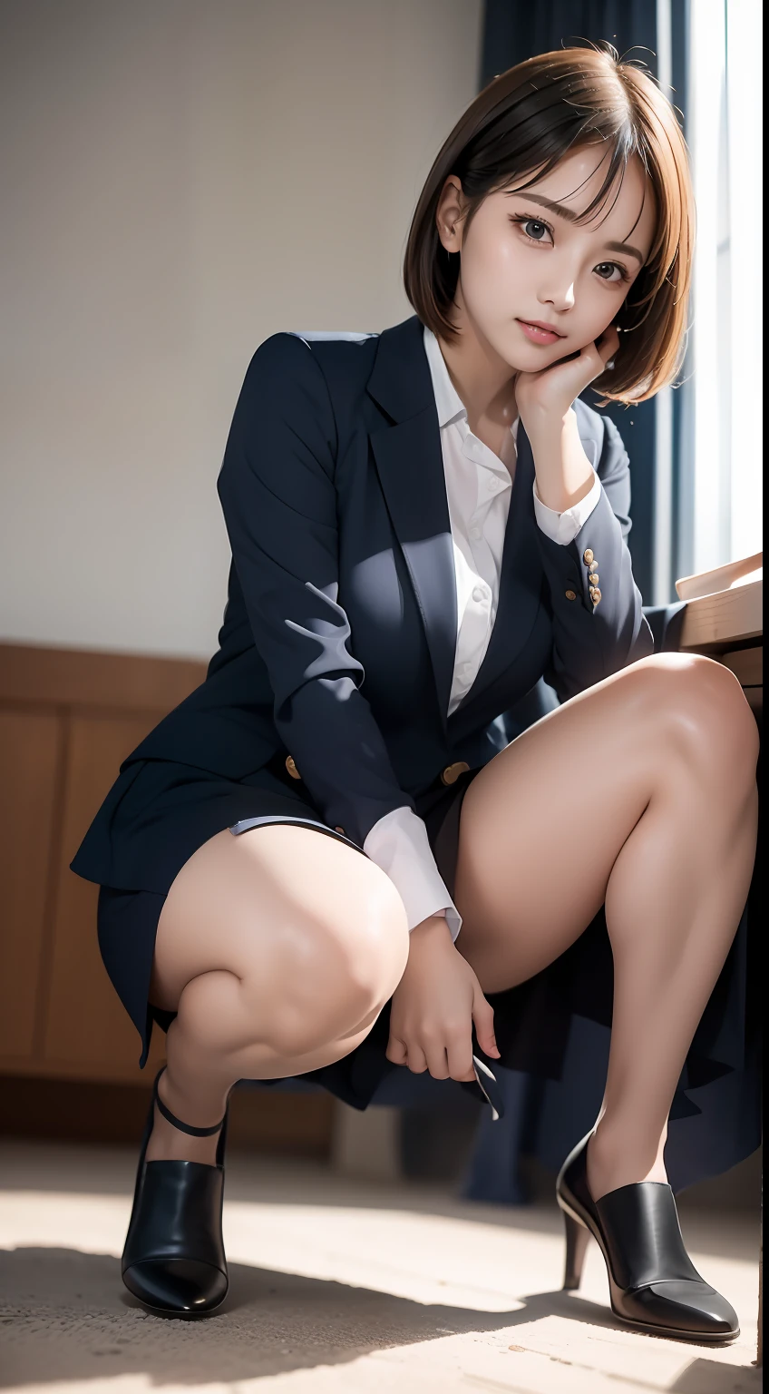 top Quority, realisticlying, 8K, k hd, 1 rapariga, female pervert, (Full body like:1.3), (1.8), schools, female student, blazer jacket, 校服,Visible nipple, with no underpants, The skirt is boldly pulled up, ((sit on chair,legs are open)), bend the knees and open the legs, The hairstyle is slightly shorter, Open your legs by grasping your knees with your hands, Buttoned shirt flutters
