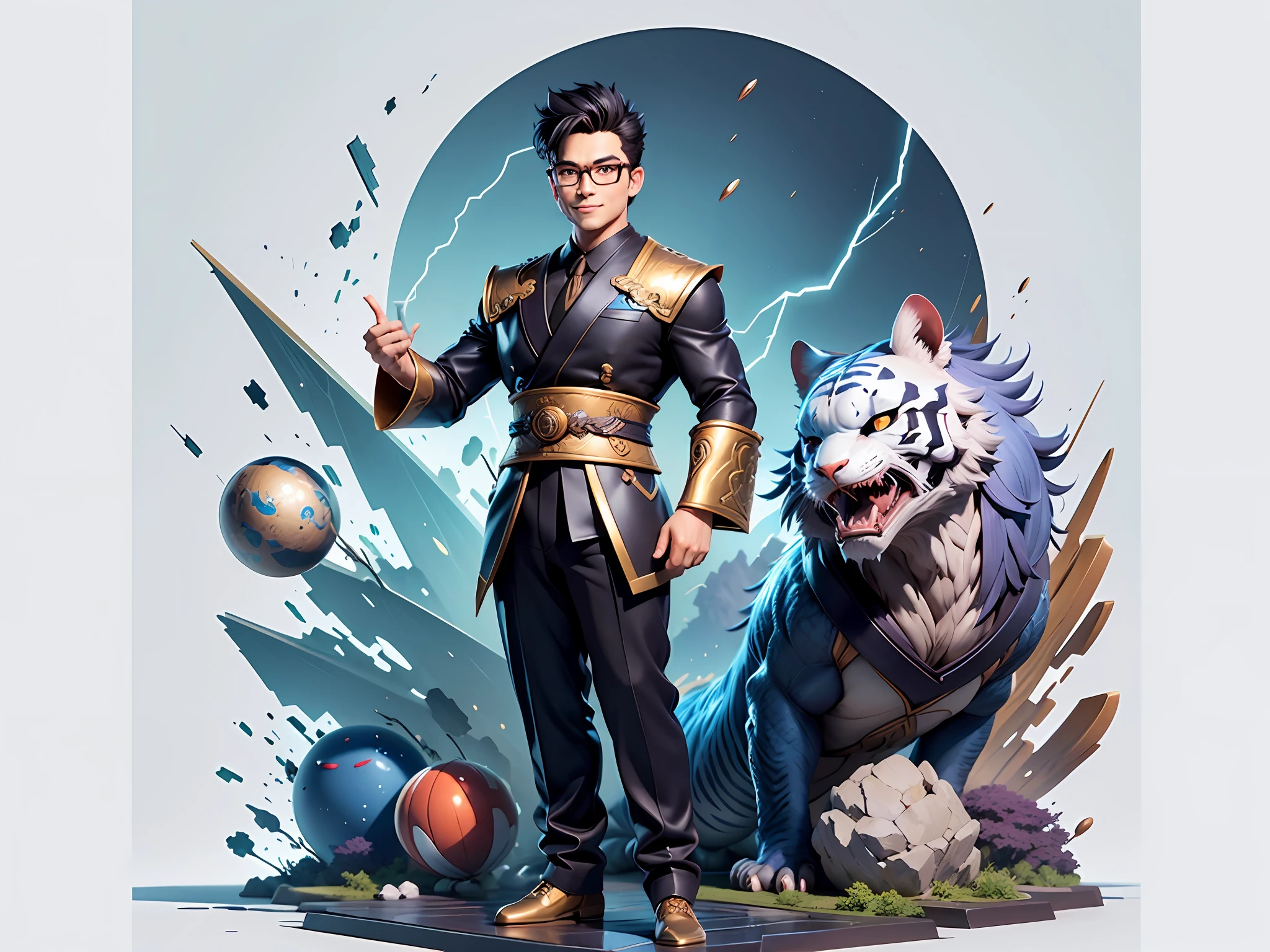 (Masterpiece), (Excellent), (Super Meticulous), (Full Body: 1.2), Super Young Man with Japanese Female Geisha, Pretty, Beautiful, Chinese Dragon, Tiger, Wind God Thor, Sexy, Bursting, Oriental Face, TV Anchor, Bust Portrait Illustration, Black Suit, Blue Tie, Slightly Chubby Face, Silver Glasses, Very Clean Face, No Beard on Chin, Black Super Short Hair, Black Eyes, Confident Smile, 3c Computer Sub-Products, iPad, iPhone, Digital Painting, 3D character design by Mark Clairedon and Pixar and Hayao Miyazaki and Akira Toriyama, the illustrations are HD illustrations in 4K resolution with highly detailed facial features and cartoon-style visuals.