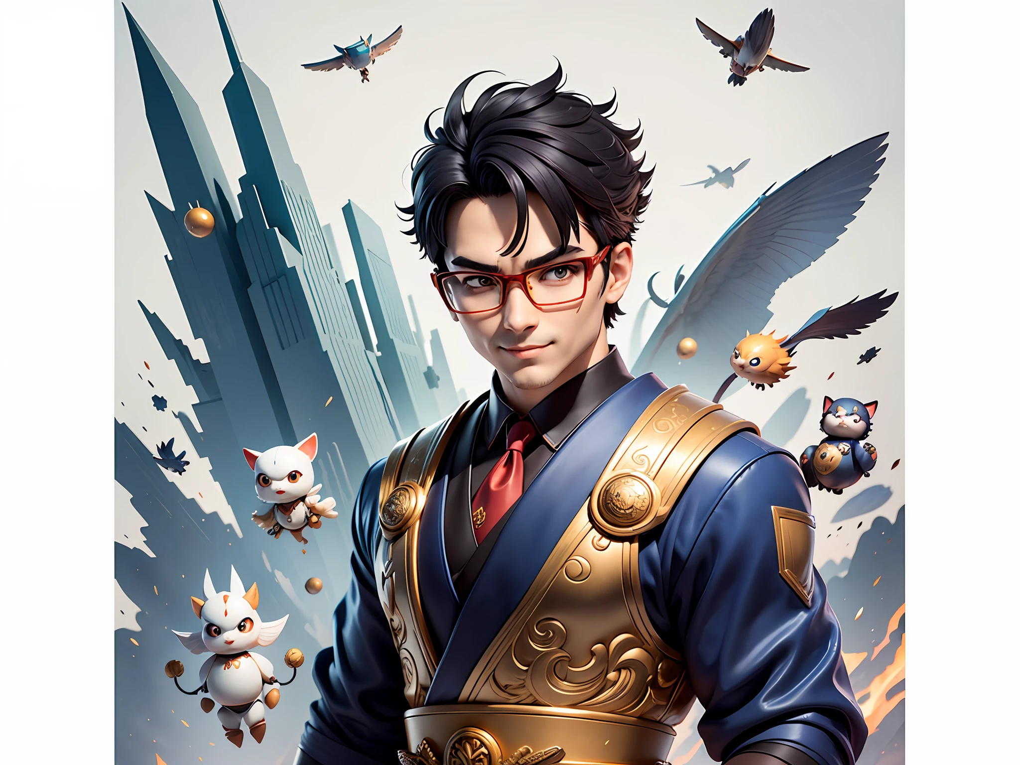 (Masterpiece), (Excellent), (Super Meticulous), (Full Body: 1.2), Super Young Man with Japanese Female Geisha, Pretty, Beautiful, Chinese Dragon, Tiger, Wind God Thor, Sexy, Bursting, Oriental Face, TV Anchor, Bust Portrait Illustration, Black Suit, Blue Tie, Slightly Chubby Face, Silver Glasses, Very Clean Face, No Beard on Chin, Black Super Short Hair, Black Eyes, Confident Smile, 3c Computer Sub-Products, iPad, iPhone, Digital Painting, 3D character design by Mark Clairedon and Pixar and Hayao Miyazaki and Akira Toriyama, the illustrations are HD illustrations in 4K resolution with highly detailed facial features and cartoon-style visuals.