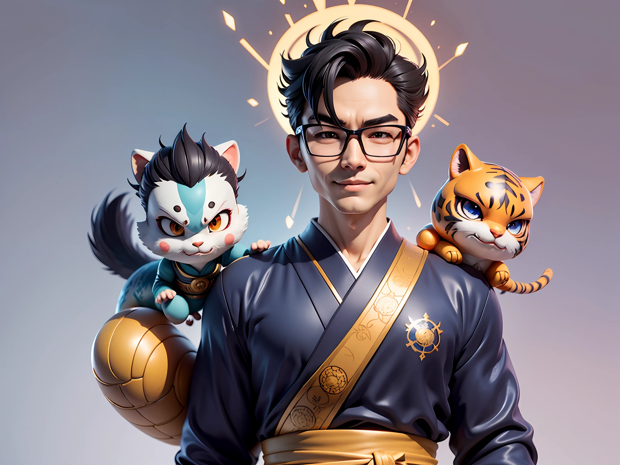 (Masterpiece), (Excellent), (Super Meticulous), (Full Body: 1.2), Super Young Man with Japanese Female Geisha, Pretty, Beautiful, Chinese Dragon, Tiger, Wind God Thor, Sexy, Bursting, Oriental Face, TV Anchor, Bust Portrait Illustration, Black Suit, Blue Tie, Slightly Chubby Face, Silver Glasses, Very Clean Face, No Beard on Chin, Black Super Short Hair, Black Eyes, Confident Smile, 3c Computer Sub-Products, iPad, iPhone, Digital Painting, 3D character design by Mark Clairedon and Pixar and Hayao Miyazaki and Akira Toriyama, the illustrations are HD illustrations in 4K resolution with highly detailed facial features and cartoon-style visuals.