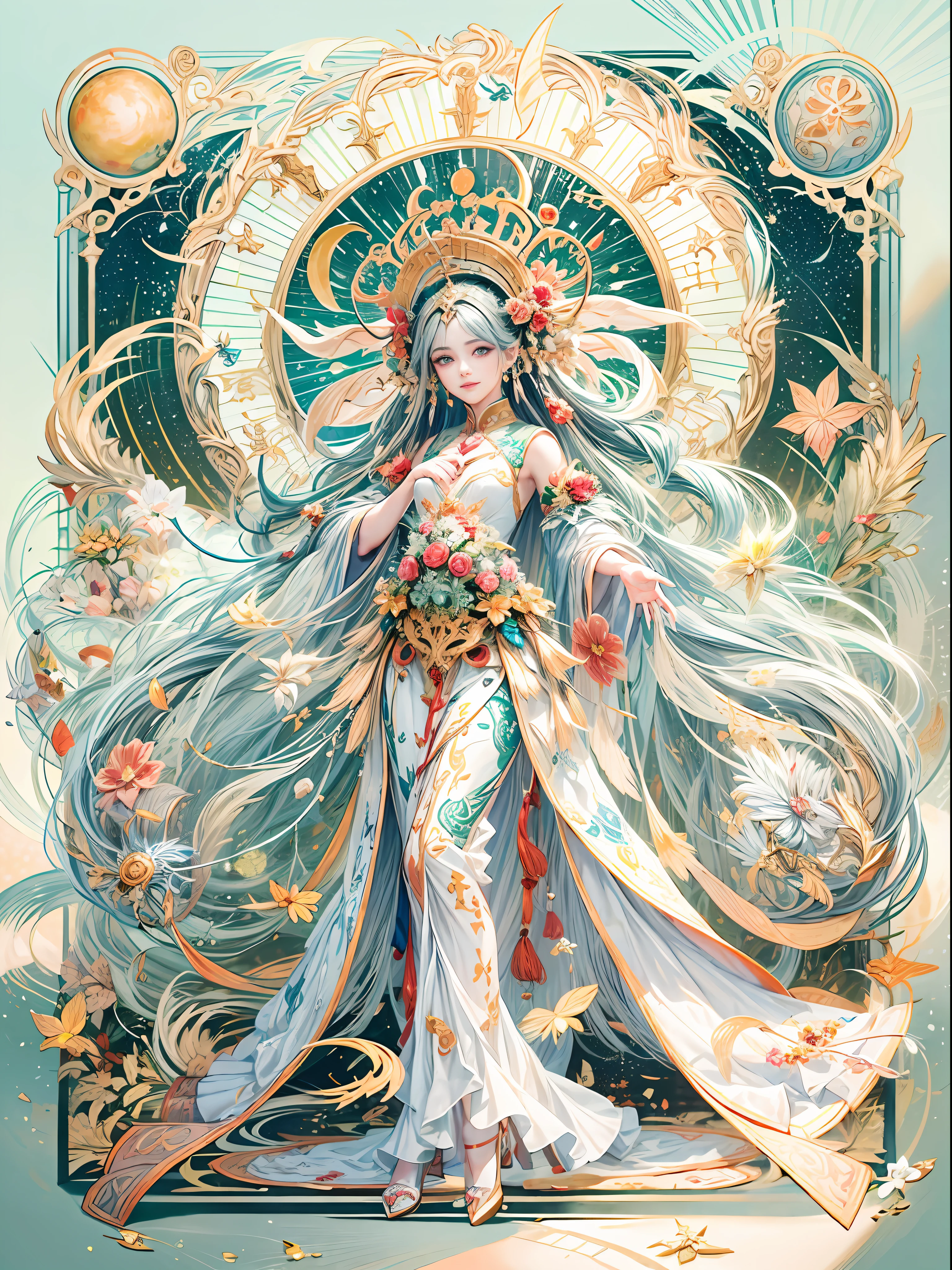 (tarot card:1.5),(Graphic illustration:1.4, paper art, Quilted paper art, geomerty),rotational symmetry, (full-body shot:1.4), (Chang'e , moon, halo, exquisite headdress, smile), White background, (Chinese colors, senior color matching), ( bokeh, Out of Focus, Soft Lighting, movie lighting, God Ray, UHD)