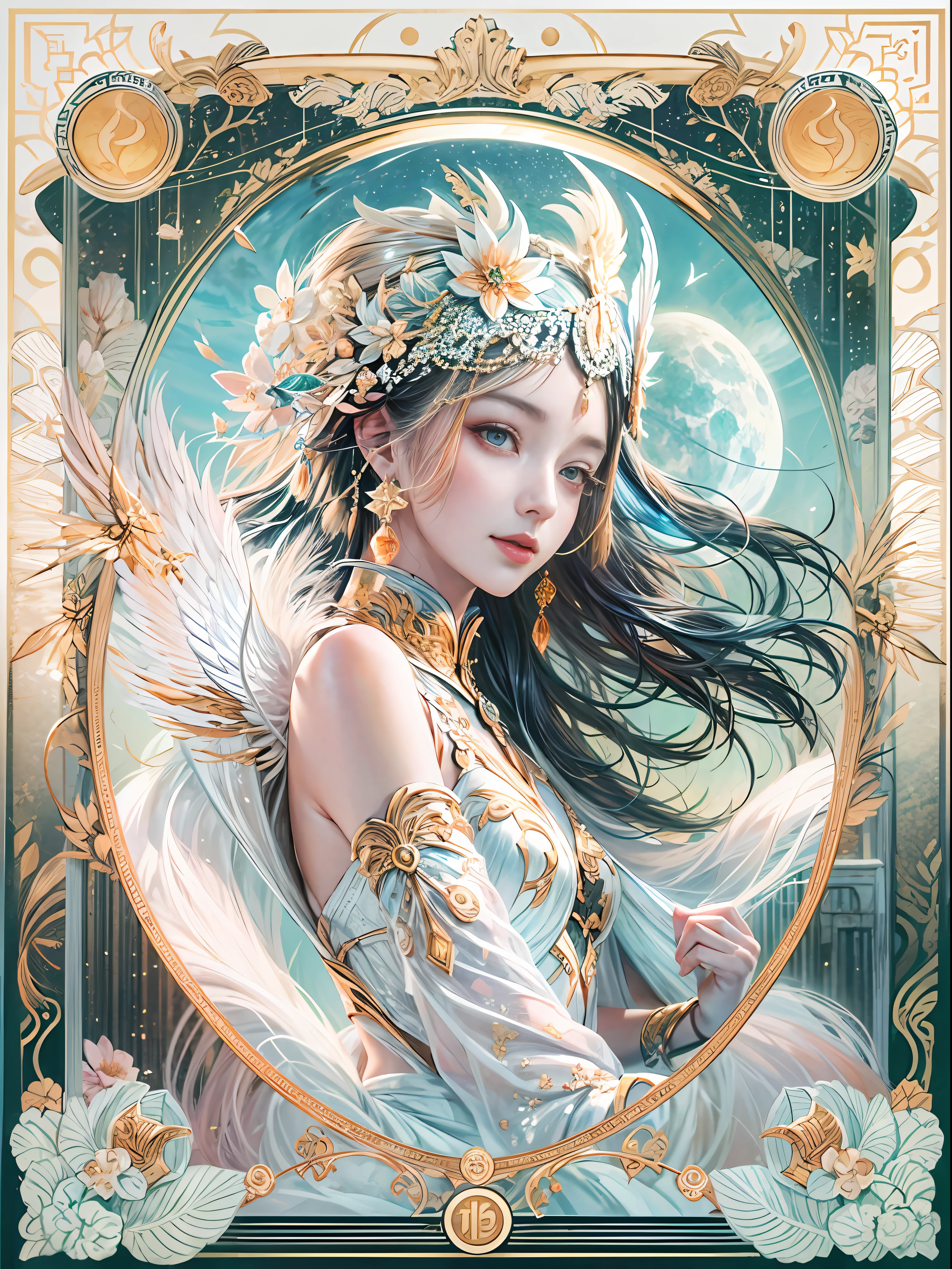 (tarot card:1.5),(Graphic illustration:1.4, paper art, Quilted paper art, geomerty),rotational symmetry, (full-body shot:1.4), (Chang'e , moon, halo, exquisite headdress, smile), White background, (Chinese colors, senior color matching), ( bokeh, Out of Focus, Soft Lighting, movie lighting, God Ray, UHD)
