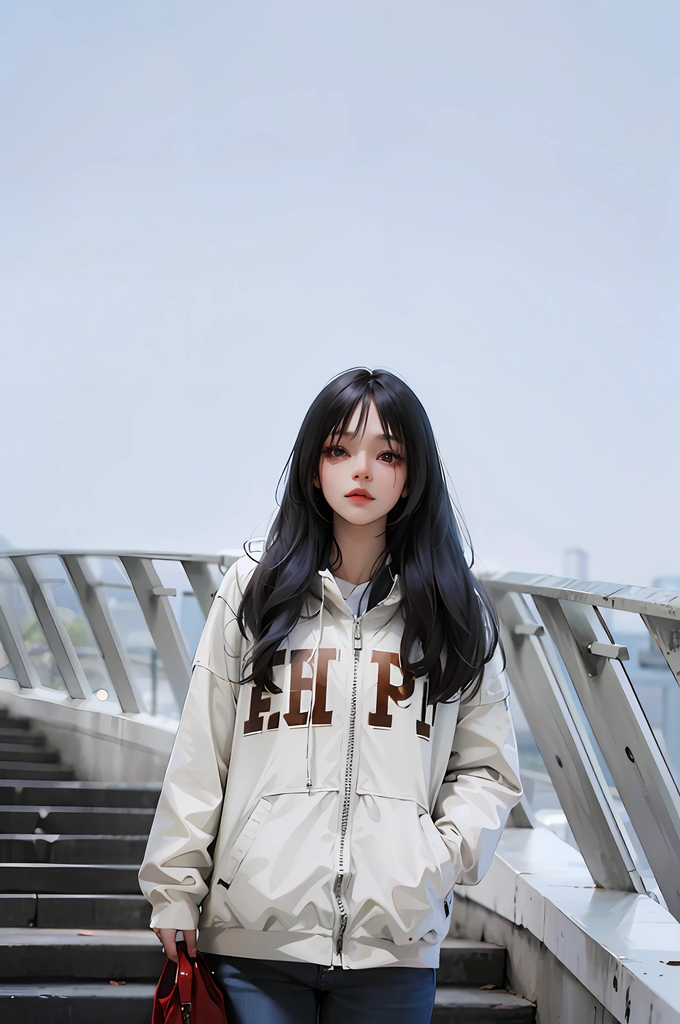 An Arad woman in a white jacket and jeans stands on the stairs, chiho, Yoshitomo Nara, wenfei ye, xintong chen, dressed with long fluent clothes, With long hair, jaeyeon nam,((tmasterpiece,best qualtiy)),illustratio,Ultra-detailed 8K,Photorealsitic,Clear focus,A highly detailed,Professional lighting,Colorful detailed,Rainbow color BREAK factory super long shot,with light glowing,Complicated details,Shitu-mecha,1girl stands in front of the audience,nabel