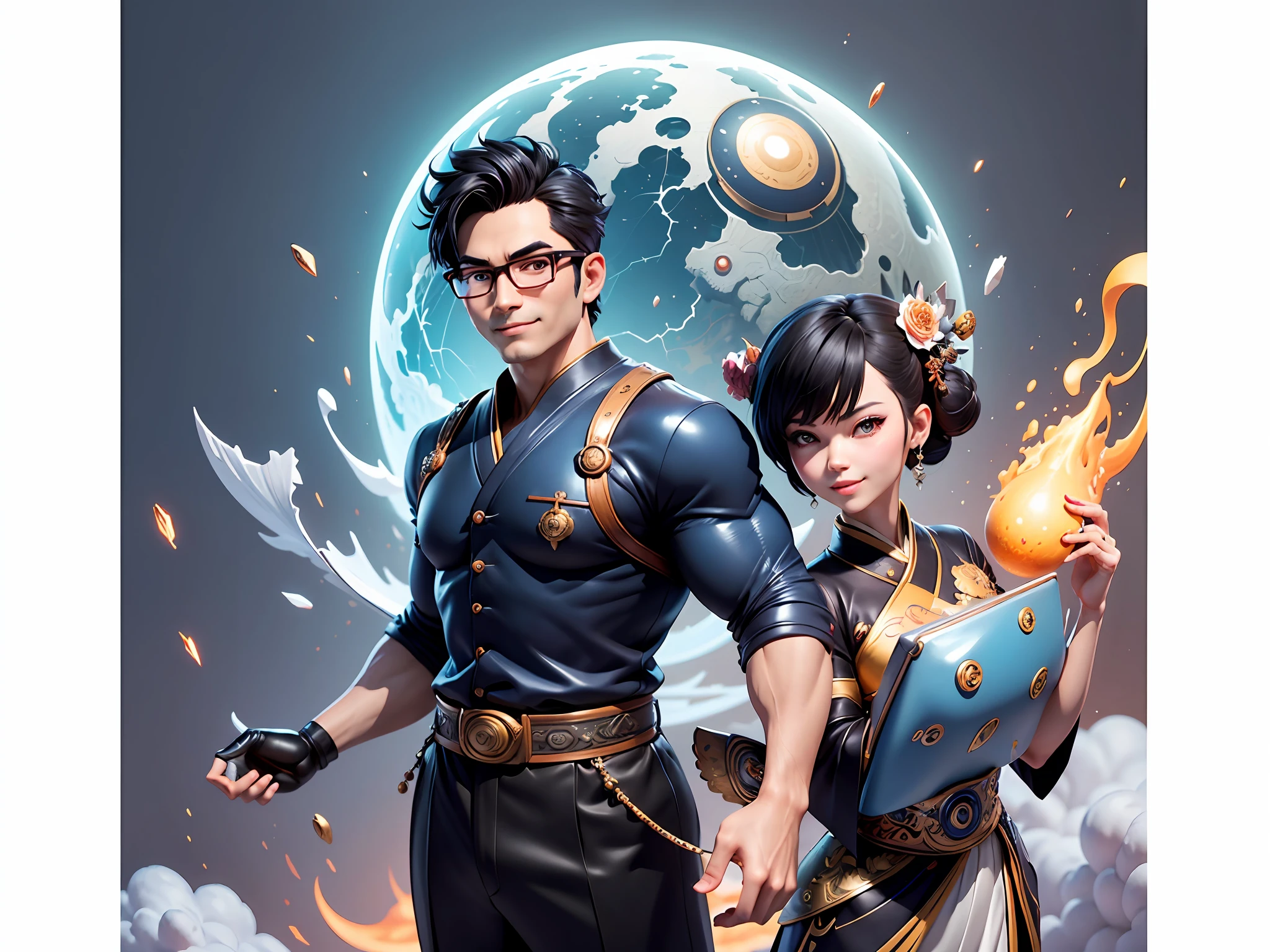 (Masterpiece), (Excellent), (Super Meticulous), (Full Body: 1.2), Super Young Man with Japanese Female Geisha, Pretty, Beautiful, Chinese Dragon, Tiger, Wind God Thor, Sexy, Bursting, Oriental Face, TV Anchor, Bust Portrait Illustration, Black Suit, Blue Tie, Slightly Chubby Face, Silver Glasses, Very Clean Face, No Beard on Chin, Black Super Short Hair, Black Eyes, Confident Smile, 3c Computer Sub-Products, iPad, iPhone, Digital Painting, 3D character design by Mark Clairedon and Pixar and Hayao Miyazaki and Akira Toriyama, the illustrations are HD illustrations in 4K resolution with highly detailed facial features and cartoon-style visuals.