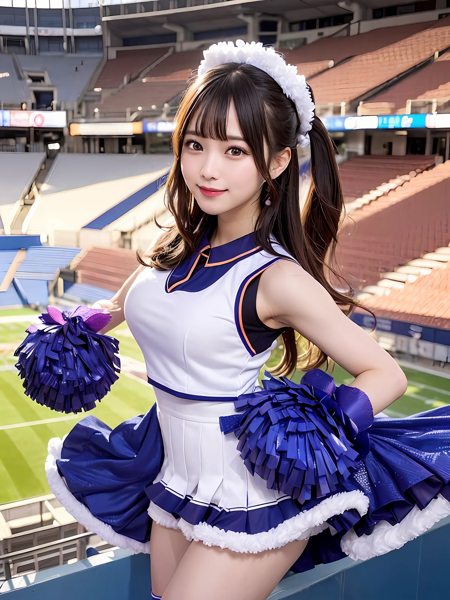 ((Alafed Asian cheerleaders posing dynamically with pom-poms in stadium:1 person:there is nobody else))、a closeup、cosplay foto、Anime Cosplay、((large full breasts))、Raw photography, top-quality, hight resolution, (masterpiece), (Photorealsitic:1.4), professional photograpy, foco nítido, nffsw, 8K分辨率, intricate detailes, depth of fields, the Extremely Detailed CG Unity 8K Wallpapers, front lit, femele, girl with, beautiful supermodel, A smile、A slender、Small Cheer Uniform、