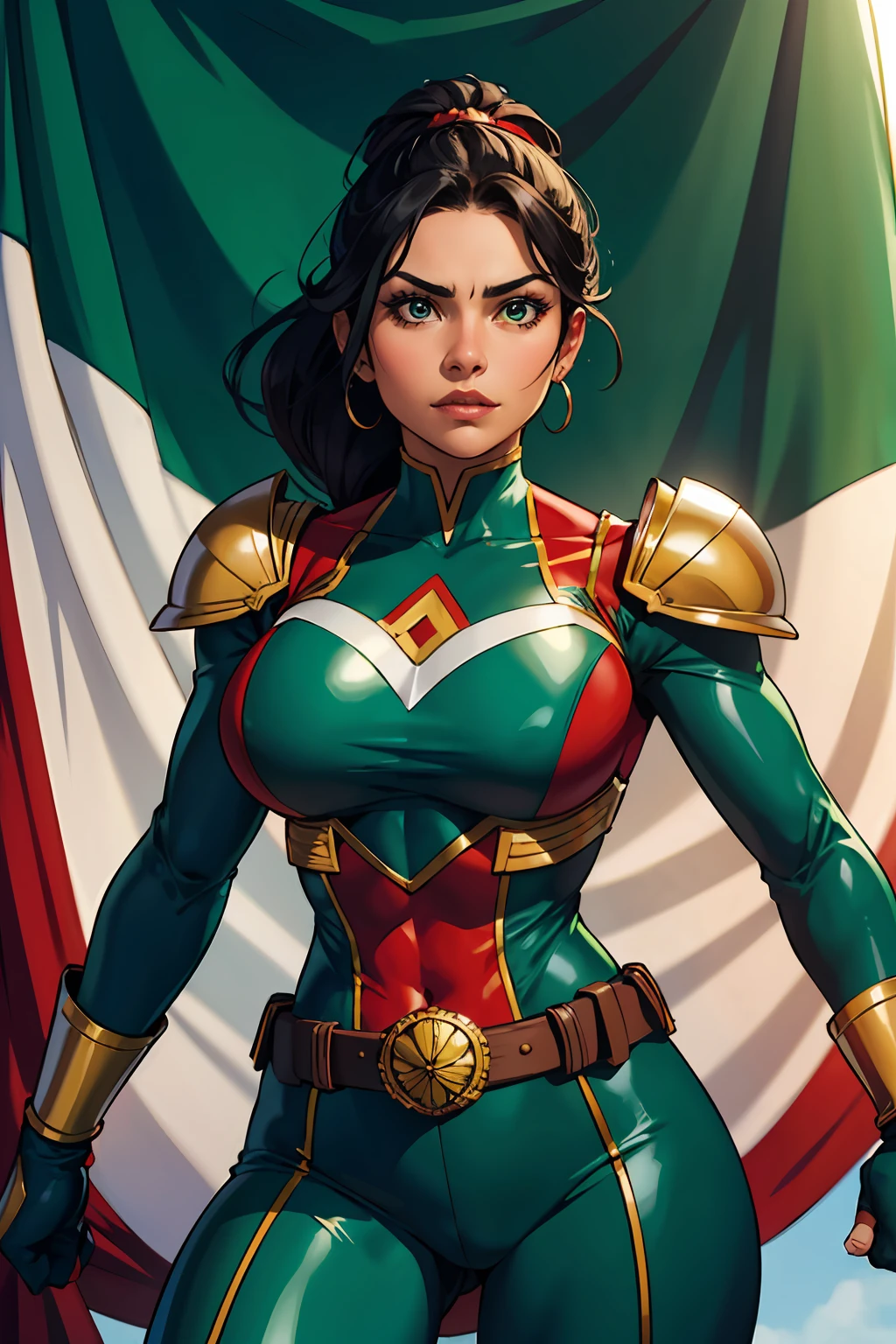 Mexican woman Super Hero Green White and Red suit Mexican flag
