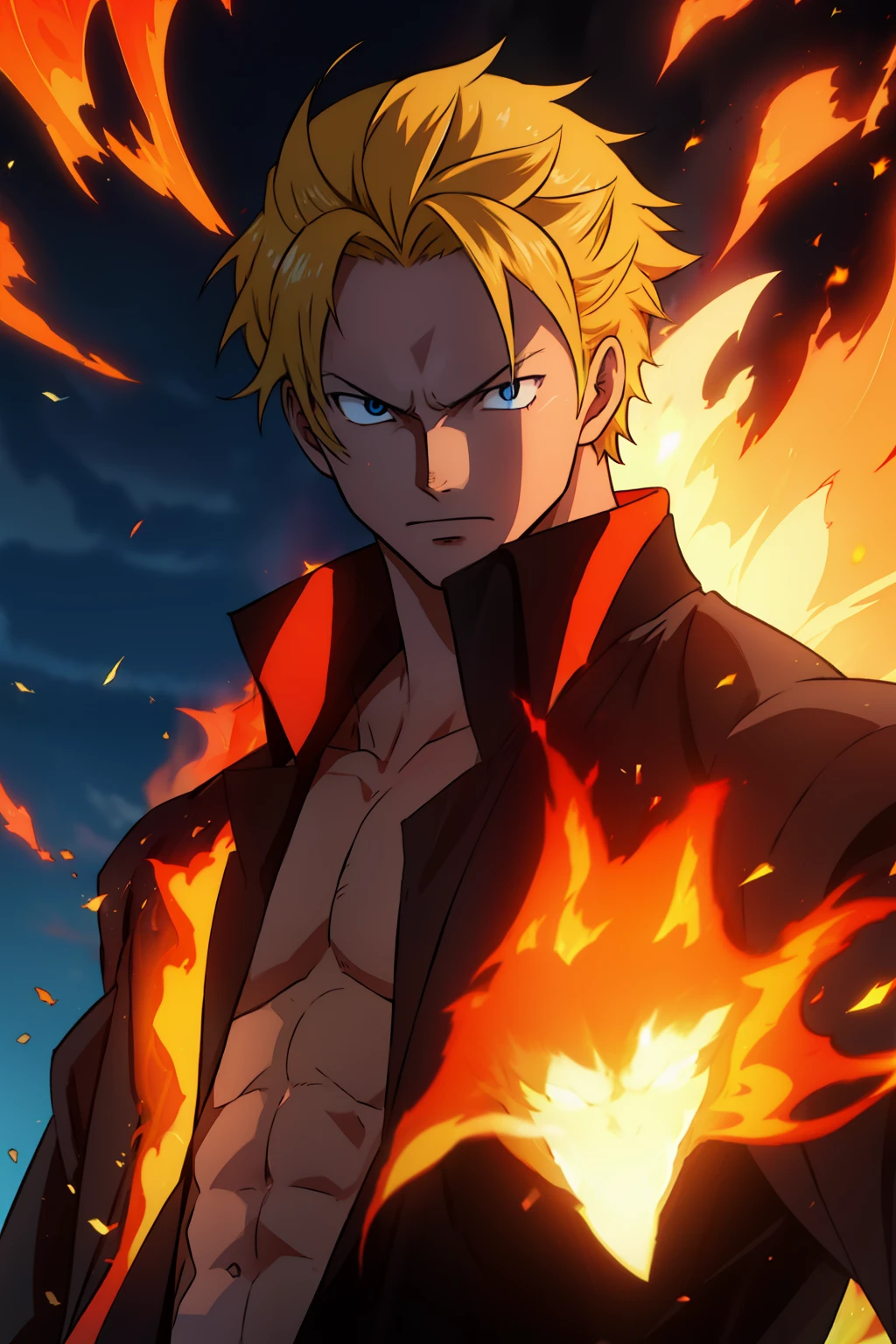 anime blond guy, no shirt, black jacket, medium hairs, muscles, fire powers, anime style 2d, 4k, blue aura