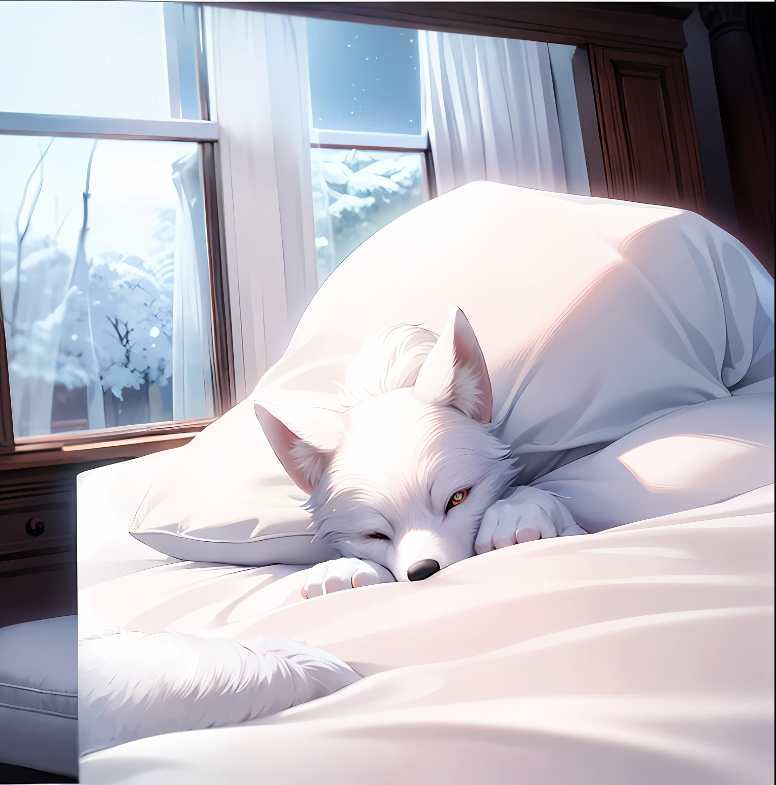 There was a white dog lying on the bed，The bed was covered with white sheets, White fox, white fox anime, Vampire White Fox, White-haired fox, white wolf with blue eyes, A white wolf, White wolf, ultra real photo, Photorealistic anime, hyper realistic fur, anime 3 d art, [ Realistic photo ]!!,