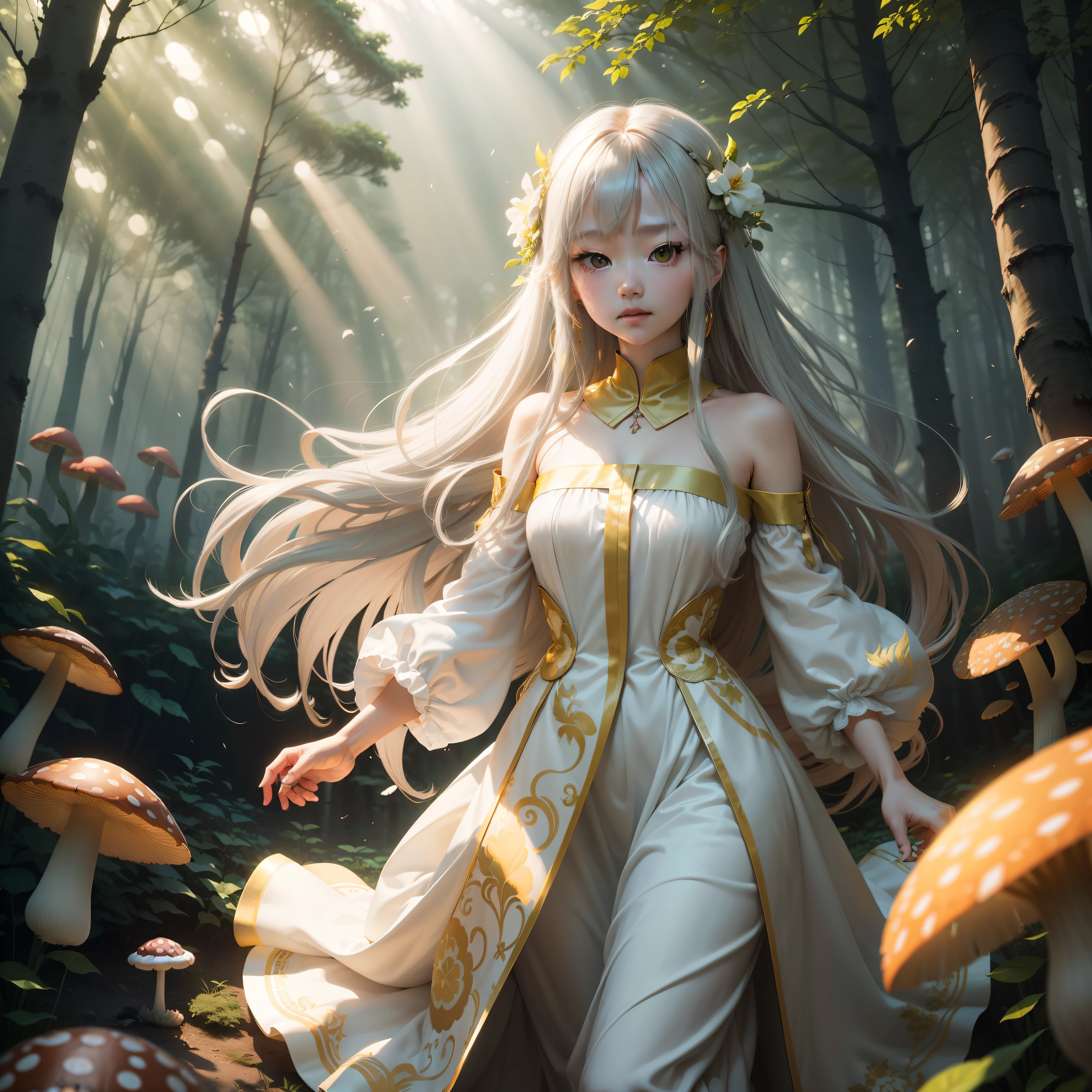 (a color:1.1),(tmasterpiece:1,2), best qualtiy, tmasterpiece, High- sharpness, Original, extremelydetailedwallpaper, 1girll, 独奏, Kizi, light gray long hair, White dress with gold embroidery, Green and gold elements, with light glowing, floated hair, full bodyesbian, Float in the air in the middle of the forest, magical fantasy forest, Glowing flowers and mushrooms, Sunnyday, Sunny light,llight rays,动态照明,cinema shot