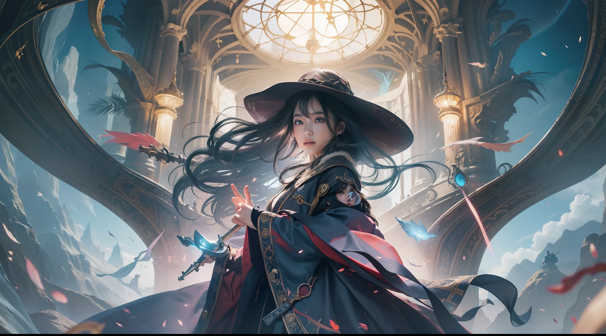 Above the rising clouds,Night, Dark, (Fantasy),infinite,deep blue sky,The abyss of knowledge,Cowledge,((masutepiece)), (((Best Quality))),((Beautiful fine eyes)),(Eye lashes)、Realistic clouds、Very beautiful face、The ultra -The high-definition、high fantasy castle、beautiful Girl、(1人)、Black hair、The long-haired、abyss eyes、glowy skin、oils、small tits、Perfect human body structure、Wizard robes、der riese、tattered cloth、Realistic coat、Tee、Super delicate CG Unity 32k wallpaper、photoRealstic、masterpiece, ((ultra-detailliert)), ((illustratio)),colourfull,wall-paper,The energy,Unknown terror,Incomprehensible,Around the magic,Magical surroundings,magic wands,Boken,Flying pages,Know everything,Predict the future、Get to know the past、Infinite wisdom、blue flames、Warlock、magic circles、Pentagram、Spells、mantra、Singing magic