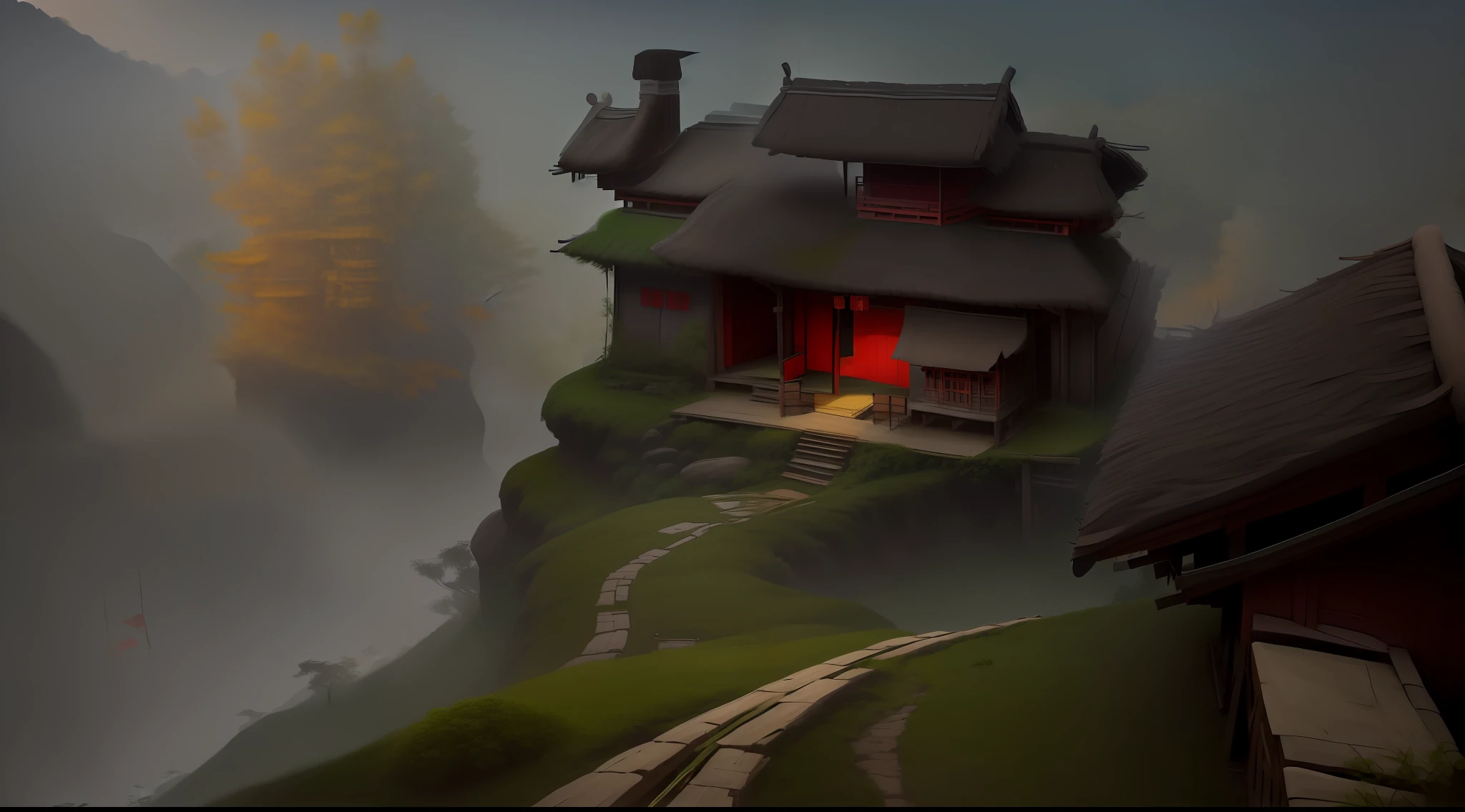 There is a small hut with a thatched roof in the middle of the forest, villages ,China-style,thatched hut