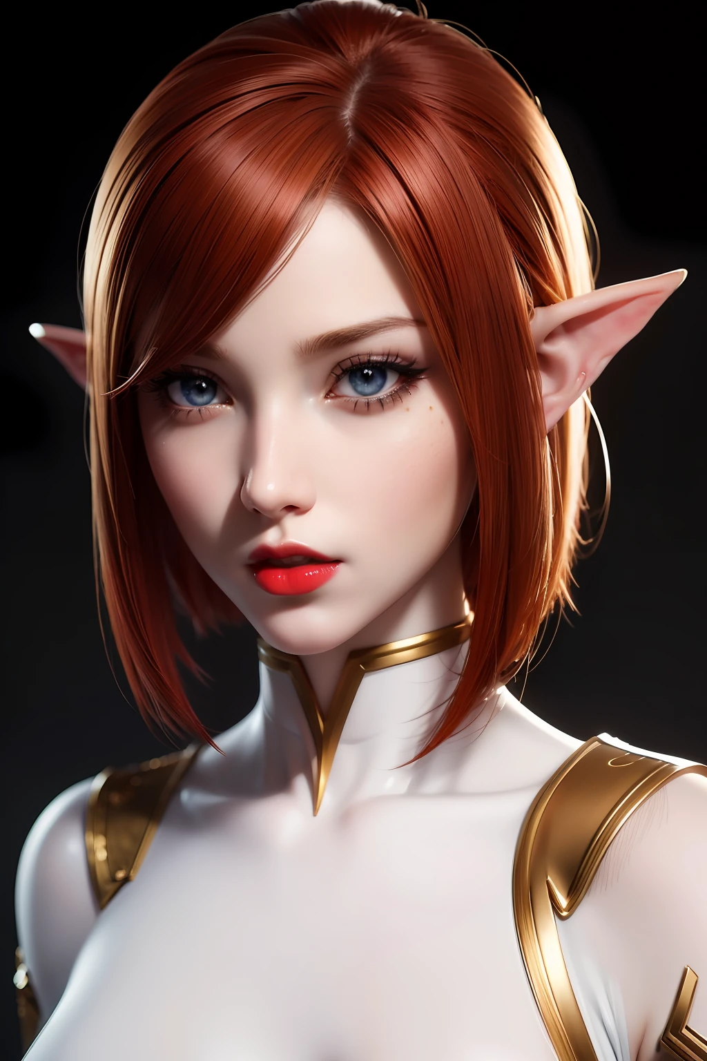 Bust portrait of anime beauty redhead elf girl (short Bob realistic hair), perfect face, realistic skin ((((high detailed skin)))), red lips, in realistic & hyper detailed white & Gold tight combat body suit, ((beauty realistic eyes))