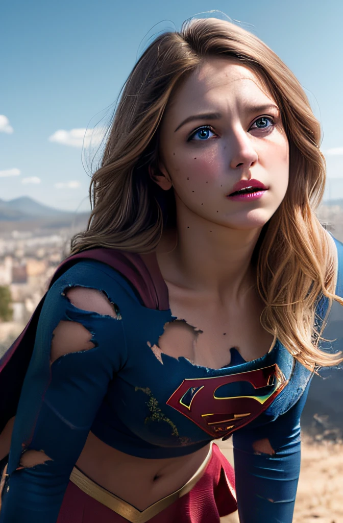 8k, best quality, real picture, intricate details, ultra-detailed, ultra highres, depth field,(photorealistic,realistic:1.2),masterpiece,photo of  european girl, supergirl, (bruise, dirty, torn clothes, revealing clothes, blood:1.3), blue eyes, blonde hair, long hair, ripped cape, ripped pantyhose, superhero, solo, sun, blue sky,
best quality, realistic, photorealistic, (intricate details:1.2), (delicate detailed), (cinematic light), clear line, sharp focus, realistic face, detailed face,
unity 8k wallpaper, ultra high res, (photorealistic:1.4), looking at viewer