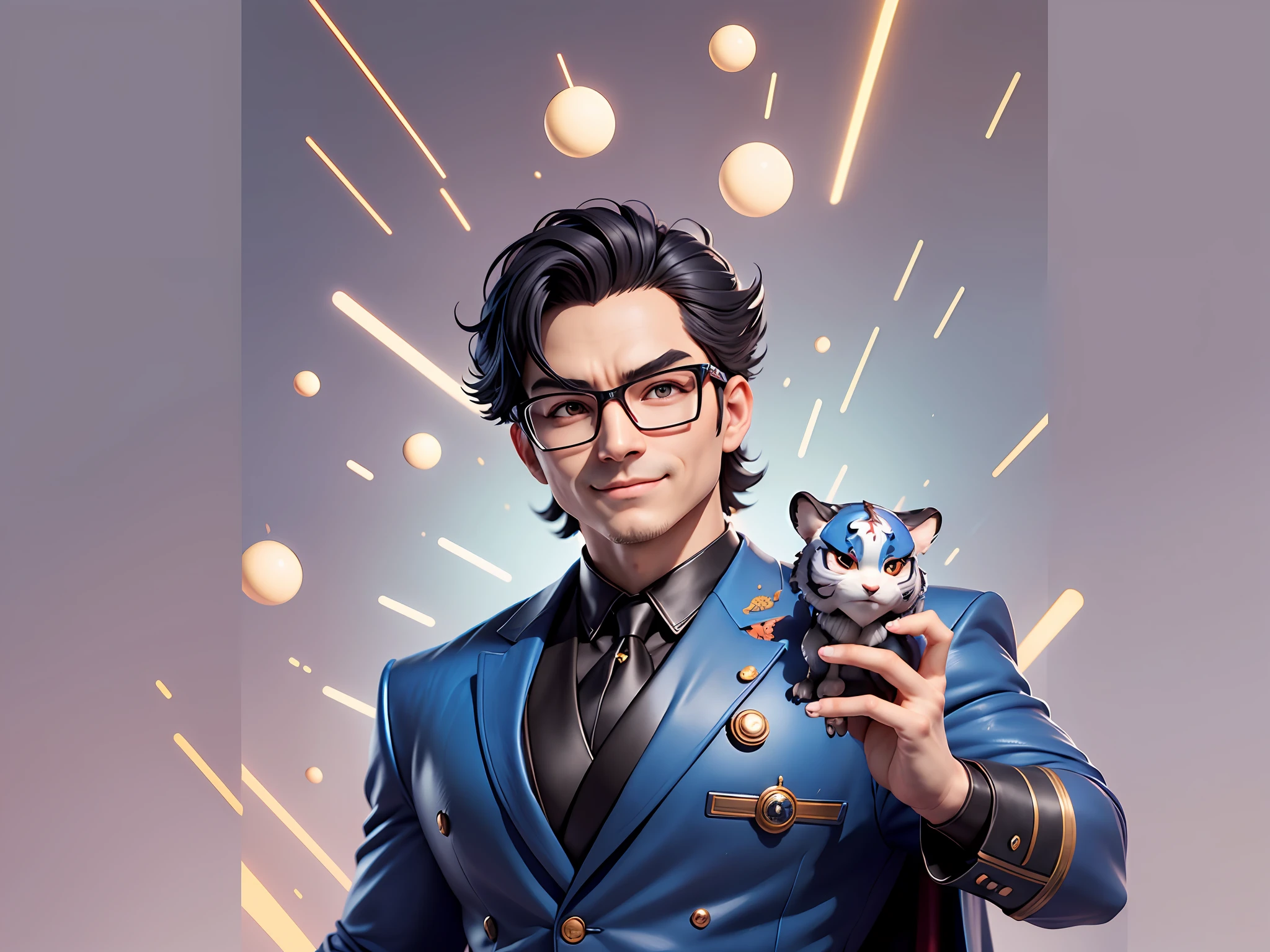 (Masterpiece), (Excellent), (Super Meticulous), (Full Body: 1.2), Super Young Man with Japanese Female Geisha, Pretty, Beautiful, Chinese Dragon, Tiger, Wind God Thor, Sexy, Bursting, Oriental Face, TV Anchor, Bust Portrait Illustration, Black Suit, Blue Tie, Slightly Chubby Face, Silver Glasses, Very Clean Face, No Beard on Chin, Black Super Short Hair, Black Eyes, Confident Smile, 3c Computer Sub-Products, iPad, iPhone, Digital Painting, 3D character design by Mark Clairedon and Pixar and Hayao Miyazaki and Akira Toriyama, the illustrations are HD illustrations in 4K resolution with highly detailed facial features and cartoon-style visuals.