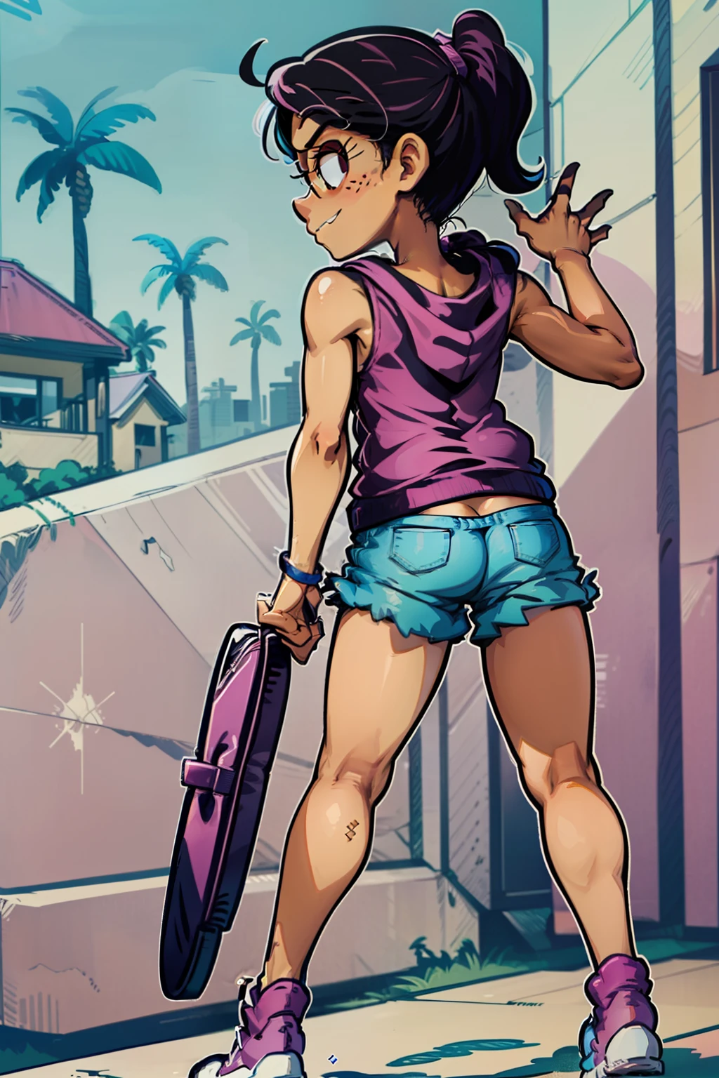 Ronnie Anne, purple hoodie, shorts, black eyes, ponytail, tanned skin, full body, (same character front, back, side view) cartoon-anime, bare arms, bare shoulders