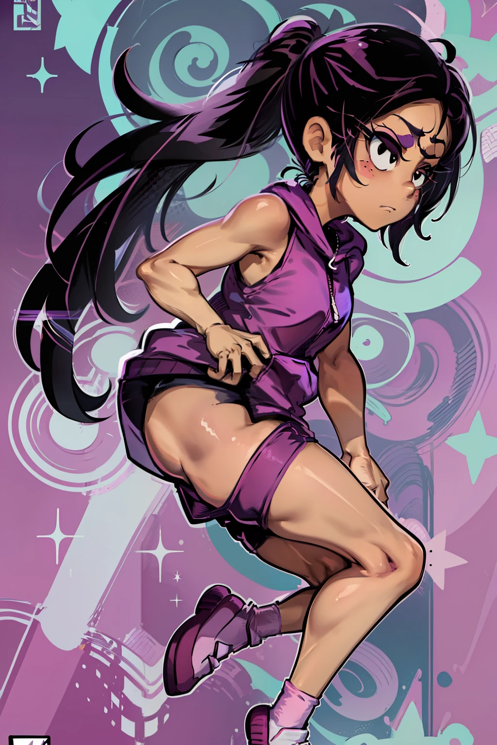 Ronnie Anne, purple hoodie, shorts, black eyes, ponytail, tanned skin, full body, (same character front, back, side view) cartoon-anime, bare arms, bare shoulders