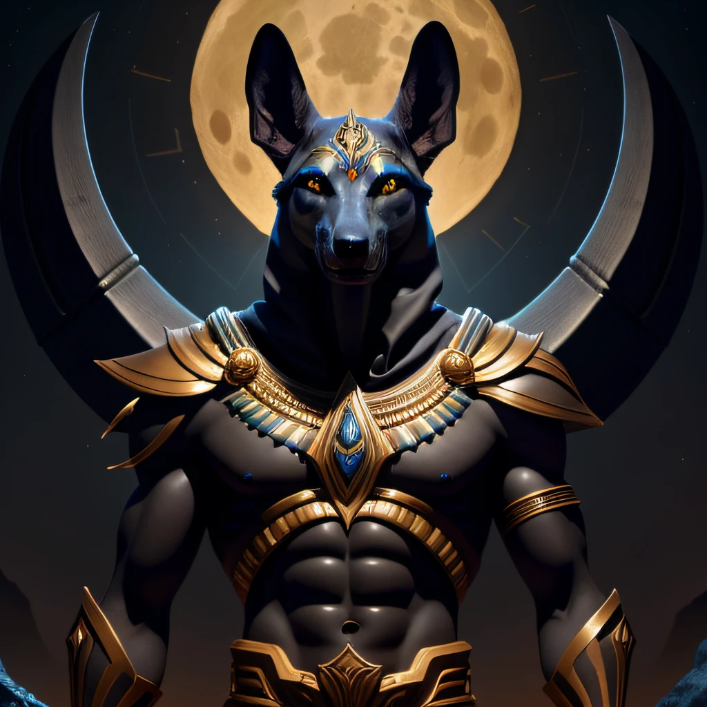 The image of the God Anubis should portray him in all his majesty and power, immersing the viewer in the dark world of the Egyptian underworld. The scene should be shrouded in darkness, with dense shadows dancing around him, creating an air of mystery and menace.

The scenery should consist of a vast and arid desert, com montanhas escarpadas ao fundo, alluding to the vastness of the underworld. The light of the moon should cast a pale luminosity over the landscape, highlighting the imposing figure of Anubis.

Anubis must be depicted in his iconic form - with the head of a jackal, human body and Egyptian ceremonial costumes, that they must be represented in minute detail to demonstrate their divine nature. Your eyes should shine with a menacing intensity, capturing the eye of the observer and conveying a sense of relentless judgment.

in her hands, Anubis must hold the Ankh, symbol of life, e o cetro Uas, which represents his power as guardian of the underworld. Anubis' posture must be imposing, com o corpo ereto e o olhar fixo, Conveying trust and authority.

Around Anubis, espalhadas pelas areias do deserto, There may be symbolic representations of judged souls, some guided to paradise and others to be condemned. This would reinforce the notion that Anubis is the ruthless judge of the dead.

A paleta de cores deve ser predominantemente escura, com tons de azul escuro, preto, cinza e roxo, criando um ambiente sombrio e misterioso. Luminous details and lighting effects should be applied to emphasize the divine aura of Anubis.

This description can serve as a guide to the creation of an impressive art of the God Anubis. Remember that artistic interpretation may vary according to the artist's style, but the essence of the power and fear of Anubis must be retained in the final picture.