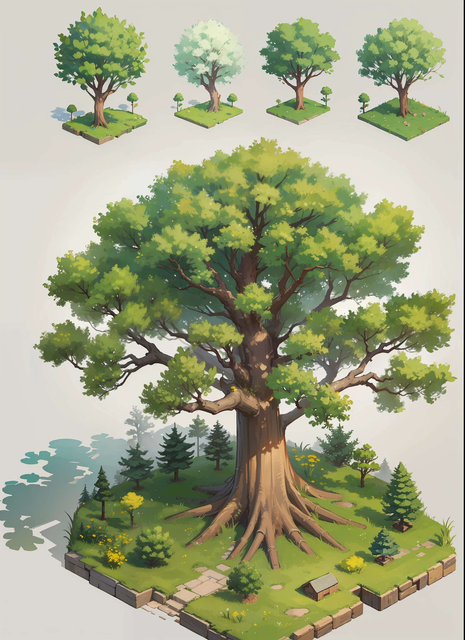 1 Isometric Tree, game art, white background, 1 Tree, Realistic Leaves, Detailed