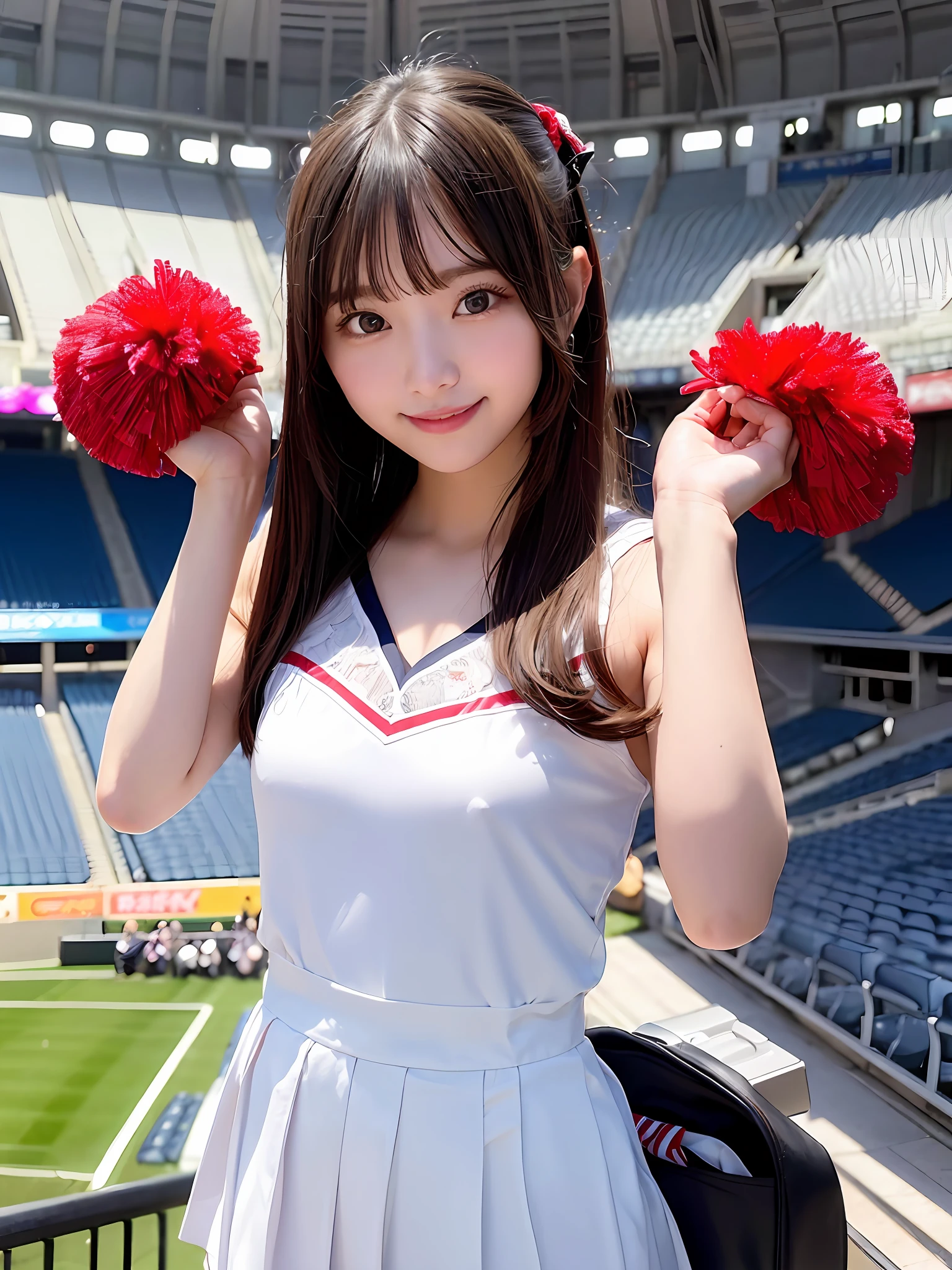 ((Ala Fed Asian big chest cheerleader posing dynamically holding pom-poms in stadium:1 person:there is nobody else))、a closeup、cosplay foto、Anime Cosplay、Raw photography, top-quality, hight resolution, (masterpiece), (Photorealsitic:1.4), professional photograpy, foco nítido, nffsw, 8K分辨率, intricate detailes, depth of fields, the Extremely Detailed CG Unity 8K Wallpapers, front lit, femele, girl with, beautiful supermodel, A smile、A slender、Small Cheer Uniform、