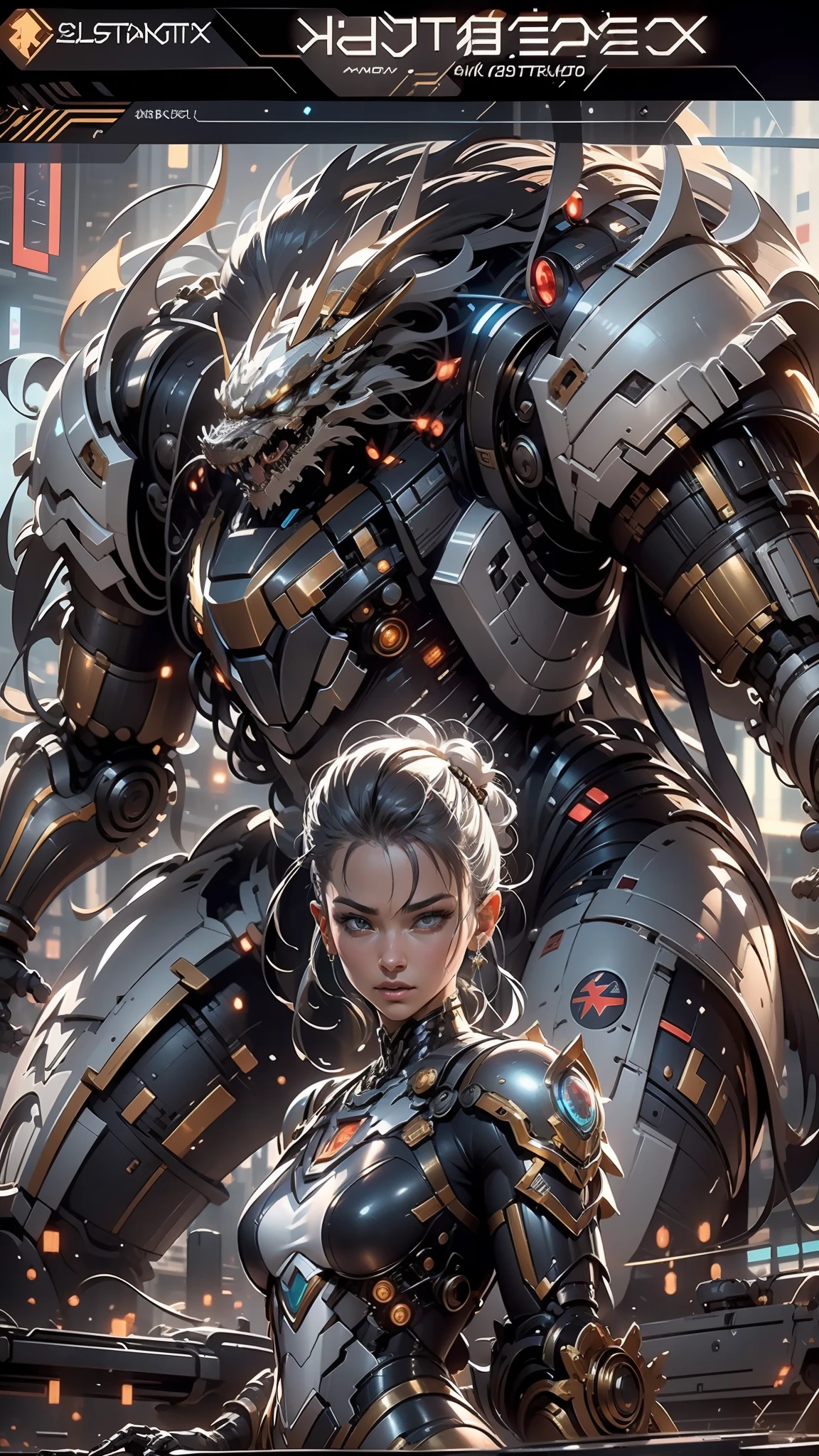 （（best qualtiy））， （（tmasterpiece））， （The is very detailed：1.3）， 3D，In Cyberpunk World，A girl in mechanical armor，holding futuristic weapons，The battle is ahead，Behind her was a medium-sized armored mech，At the end of the end, There are super giant mecha Oriental Dragon，hdr（HighDynamicRange），Ray traching，NVIDIA RTX，Hyper-Resolution，Unreal 5，sub surface scattering，PBR textures，Post-processing，Anisotropic filtering，depth of fields，Maximum clarity and sharpness，Many-Layer Textures，Albedo e mapas Speculares，Surface coloring，Accurately simulate light-material interactions，perfectly proportions，rendering by octane，twotonelighting，Low ISO，White balance，trichotomy，Wide aperture，8K raw data，High-Efficiency Sub-Pixel，sub-pixel convolution，Luminous Particle，