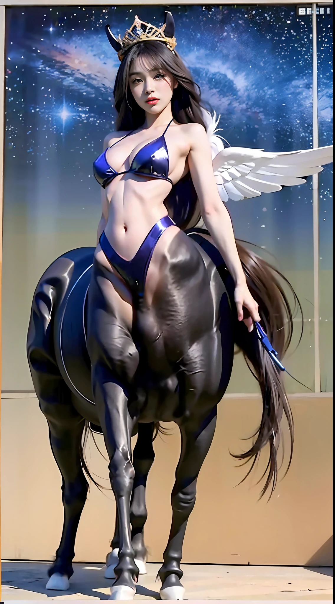 A female centaur,She is famous in the multiverse,She is both a female centaur, half human, half horse, half horse,It is also a female Yingzhao,Her image blends,The head, neck and shoulders of the horse are transformed into beautiful female humans, females, half-centaurs, half-horses, half-humans, half-humans, and human human upper bodies,and a chimera of a female half-horse with a beauty in the female body of the horse's belly,It's like a female human wearing a half-horse-like costume and making a seamless chimera,This chimerization is based on powerful futuristic technology。The ultra-wide-angle lens captures the image of her sleek and ethereal wings charging and leaping on the ionosphere。Her front half is a tall, sexy body with obvious feminine characteristics,Has K cup teardrop-shaped giant tit chest,Small man-waisted butterflies span long legs,The half-horse of the back half of the body is embedded in the front half of the body at the hip position,The horse-shaped half-horse torso form of the back half of the body is completely female and humanized,From the upper end of the sternum, the sexy bent dog style shape of the chest cavity embedded in the lower back position of the beauty body is placed transversely,Then there are the sexy beauty's horizontal waist and abdomen and straight hips,Her entire body has been completely feminized,Includes the half-horse part of the hind body,Mechanized armor covers the knee-shaped anti-joints and feet,And these parts are highly anthropomorphic,This gives her legs a graceful and slender line,She has four slender legs like a supermodel,Under the legs are skinny white feet dressed in Skyscraper Heels,Use Midjourney's advanced stroke tools and color palettes, as well as texture packs, model packs, and texture tools,Concentration,Femaleize all parts of her original equine physiologic appearance,And give these parts an ergonomic appearance,Finely treat the details of tight connections on the structure of the chest, abdominal cavity a