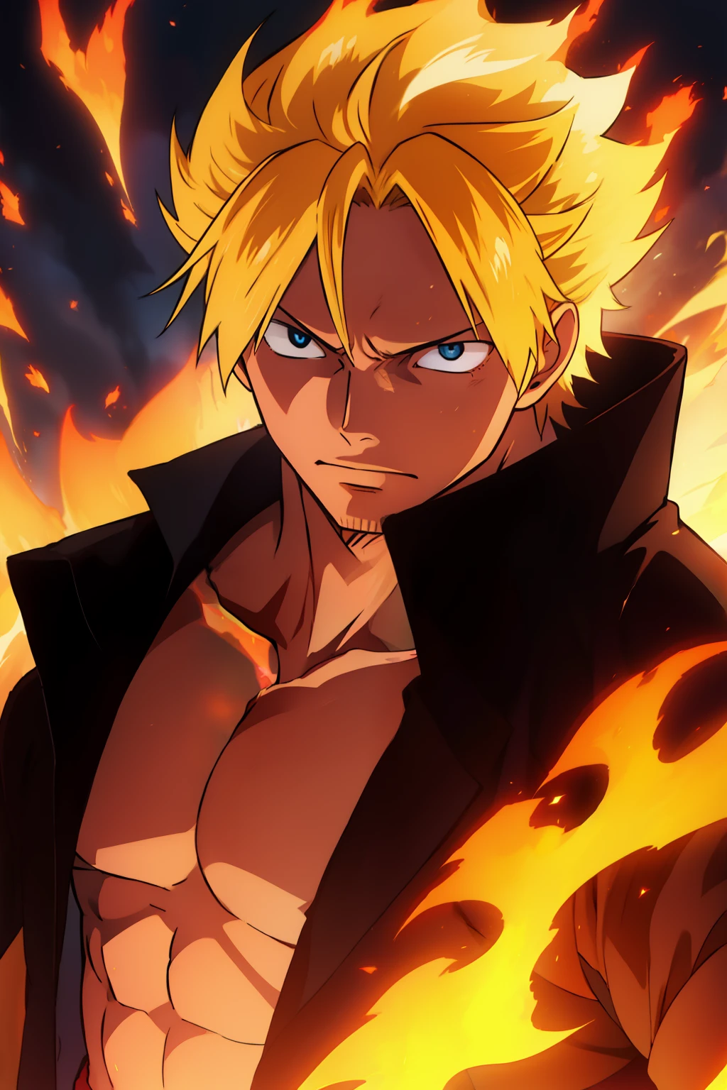 anime blond guy, no shirt, black jacket, medium hairs, muscles, fire powers, anime style 2d, 4k, blue aura, brown skin
