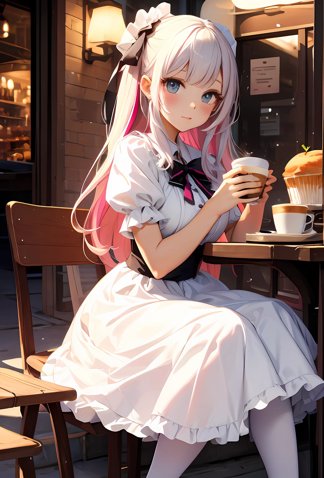 best qualityer,tmasterpiece,Ultimate resolution,downy,Extremely colorful,Colorful,Big high school girl,Lolita long dress, white stockings,Muffin shoes,Cafe background,closeup of face