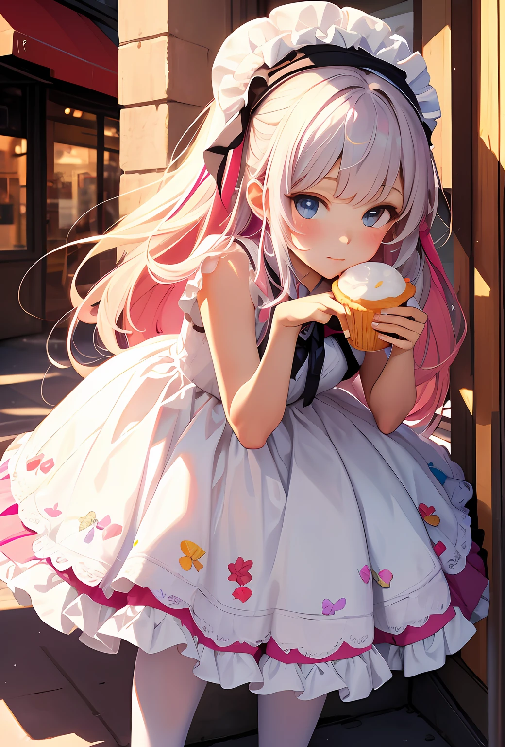 best qualityer,tmasterpiece,Ultimate resolution,downy,Extremely colorful,Colorful,Big high school girl,Lolita long dress, white stockings,Muffin shoes,Cafe background,closeup of face
