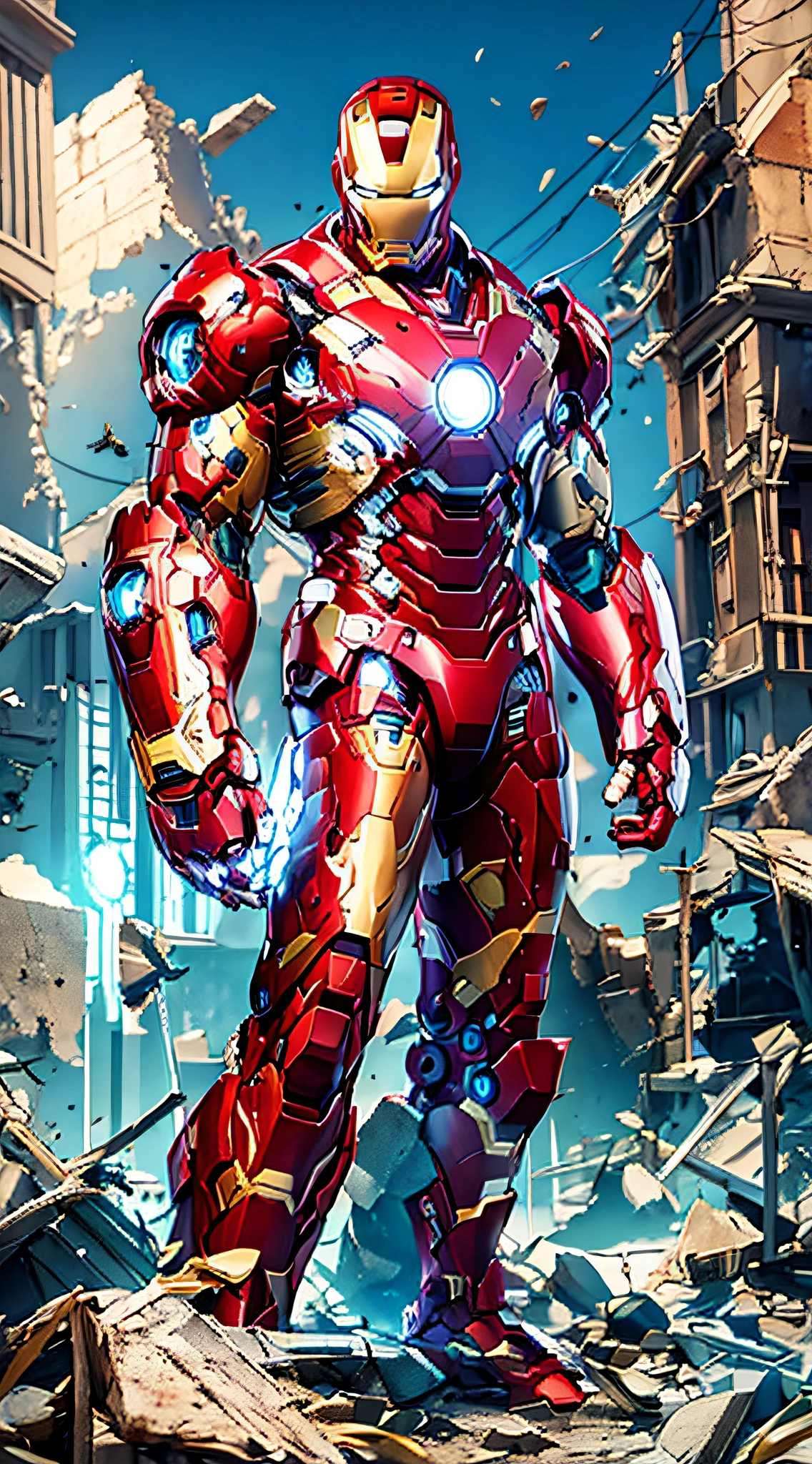 hyper HD, Masterpiece, Anatomically correct, ccurate, Textured skin, Super detail, High quality, High details, Award-Awarded, Best quality, A high resolution，Iron Man stands on the ruins of destruction,