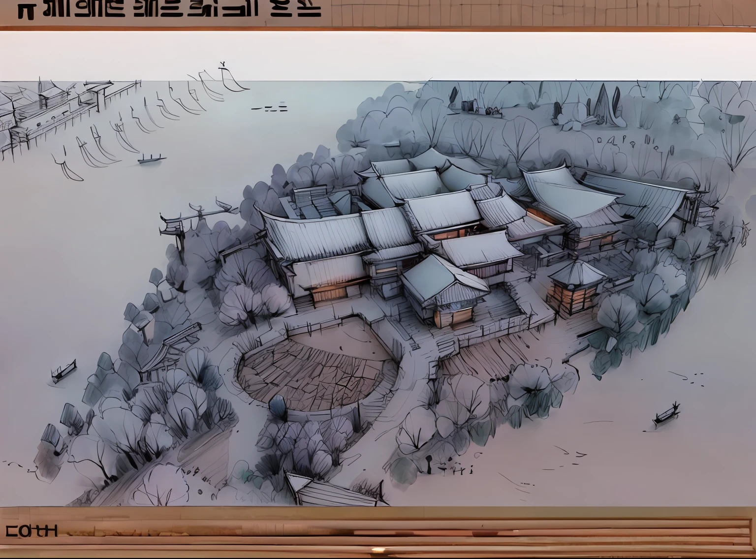 (Monochrome), (original sketch), (architectural sketch), (colorless), sketch, sketch, pen_sketch_style, sketch of the translation of the Vietnamese text you provided: “A traditional Chinese architectural complex. The complex is located on a peninsula surrounded by water. The complex consists of multiple buildings with orange roofs. The buildings are connected by a series of pathways and bridges. The complex is surrounded by trees.