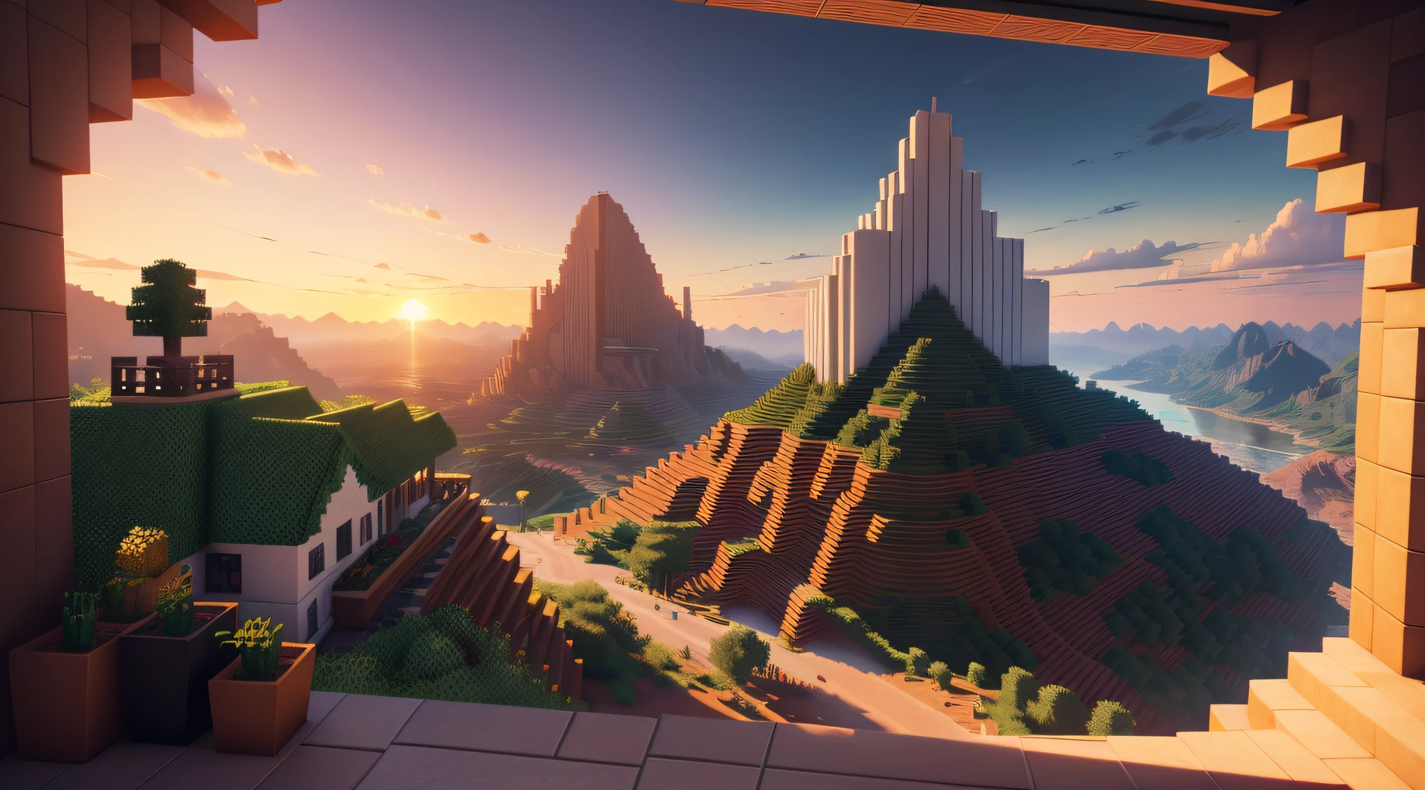 Paisagem com por do sol estilo minecraft, passaros, Raytracing, HD, Ultra detalhado, bonito, papel de parede, minecraft style, 8K
