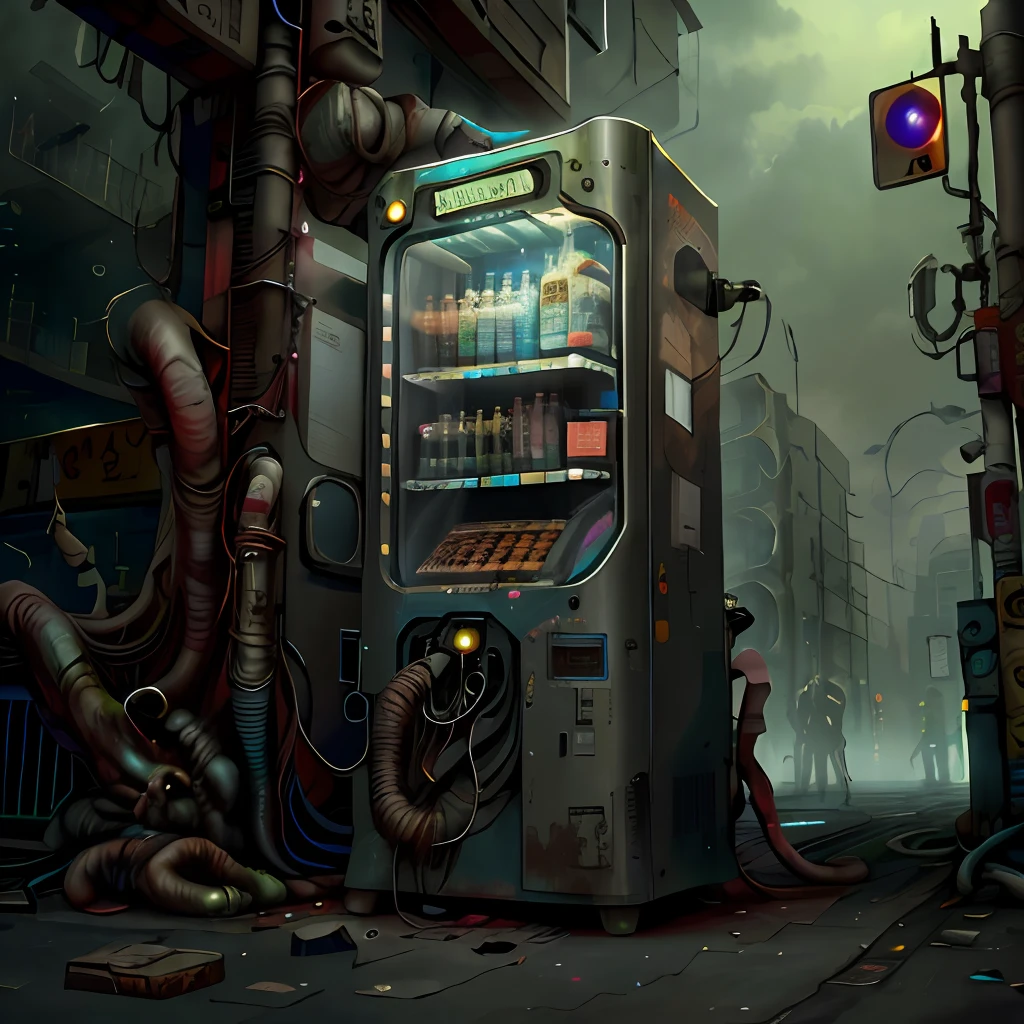 Biopunk，vending machine，uncanny，Spooky style，Ghostly hands，Dilapidated streets，dark cloude，Sullen，Vending machines have a wide range of content，The pipes have a biomass feel，Add Ghost Hand，More weird，Lots of blood，Gloomy sky，The sky has a faint grimace，There are terrifying ghosts behind the vending machine
