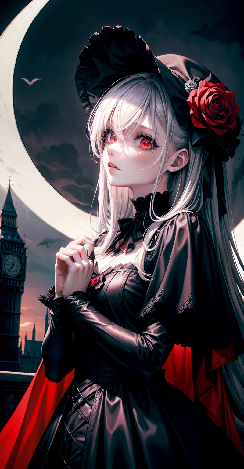 best qualityer,High-gloss dark style,A thriller masterpiece,Black-white-gray drawing,Bloody moonlight,The Skeleton Man is back,Embrace the sky with open hands,The ground was covered in blood,Death is at hand,The end of London,Bell tower with chain,Blood red cloak,head portrait,red color eyes,Poignant,style of anime,Rose flower,Gothic girl。