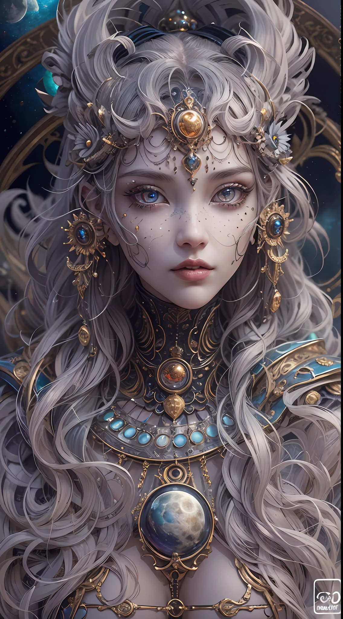 （best qualtiy，ultra - detailed，Most Best Illustration，Best shadow，tmasterpiece，A high resolution，professionalartwork，famousartwork），Detailed eyes，beautidful eyes，closeup cleavage，sci-fy，colored sclera，Robot eyes，face markings，Tattooed with，（fractalized，Fractal eyes），largeeyes，Wide eyes，（Eye focus），sface focus，Cosmic eyes，Space eyes，Close-up of metal sculpture of a woman with a moon in her hair，goddes。extremly high detail，3 d goddess portrait，Extremely detailed footage of the goddess，a stunning portrait of a goddess，Side image of the goddess，portrait of a beautiful goddess，Full body close-up portrait of the goddess，hecate goddess，portrait of a norse moon goddess，goddess of space and time