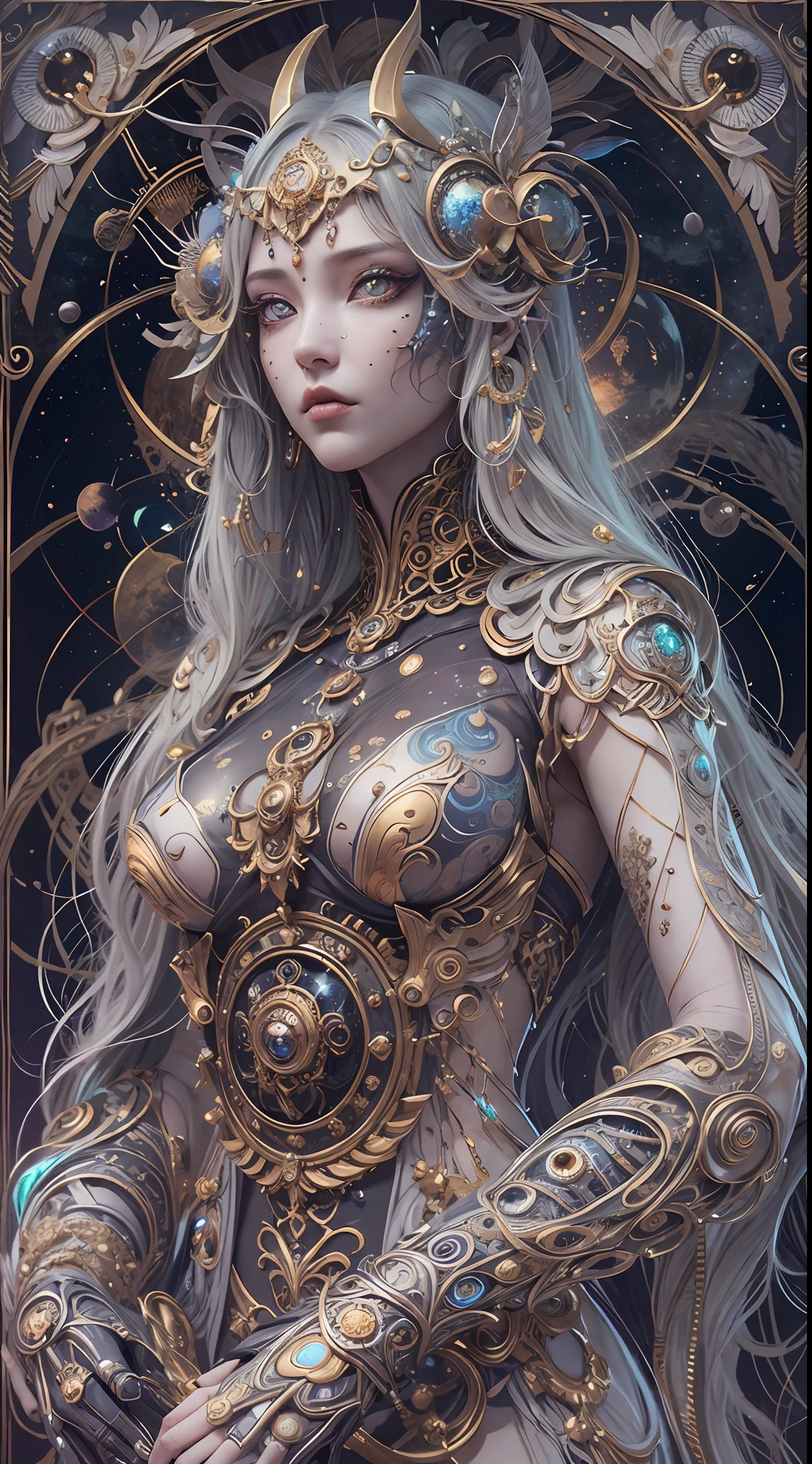(best qualtiy,ultra - detailed,Most Best Illustration,Best shadow,tmasterpiece,A high resolution,professionalartwork,famousartwork),Detailed eyes,beautidful eyes,closeup cleavage,sci-fy,colored sclera,Robot eyes,face markings,Tattooed with,(fractalized,Fractal eyes),largeeyes,Wide eyes,(Eye focus),sface focus,Cosmic eyes,Space eyes,Close-up of metal sculpture of a woman with a moon in her hair,goddes。extremly high detail,3 d goddess portrait,Extremely detailed footage of the goddess,a stunning portrait of a goddess,Side image of the goddess,portrait of a beautiful goddess,Full body close-up portrait of the goddess,hecate goddess,portrait of a norse moon goddess,goddess of space and time