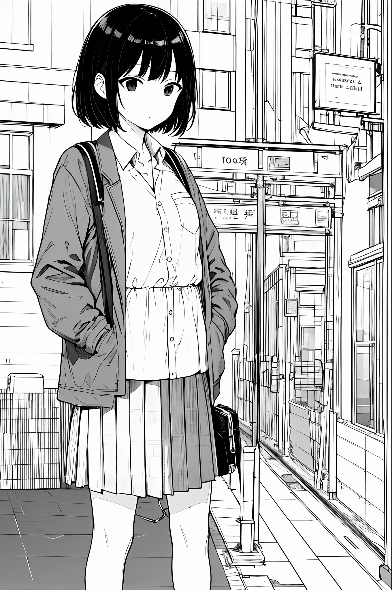 masterpiece, top-quality, 1girl in, 校服, hands on pockets, a school bag, A dark-haired, black eyes, cyberpunked, a street, monochromes, line-drawing